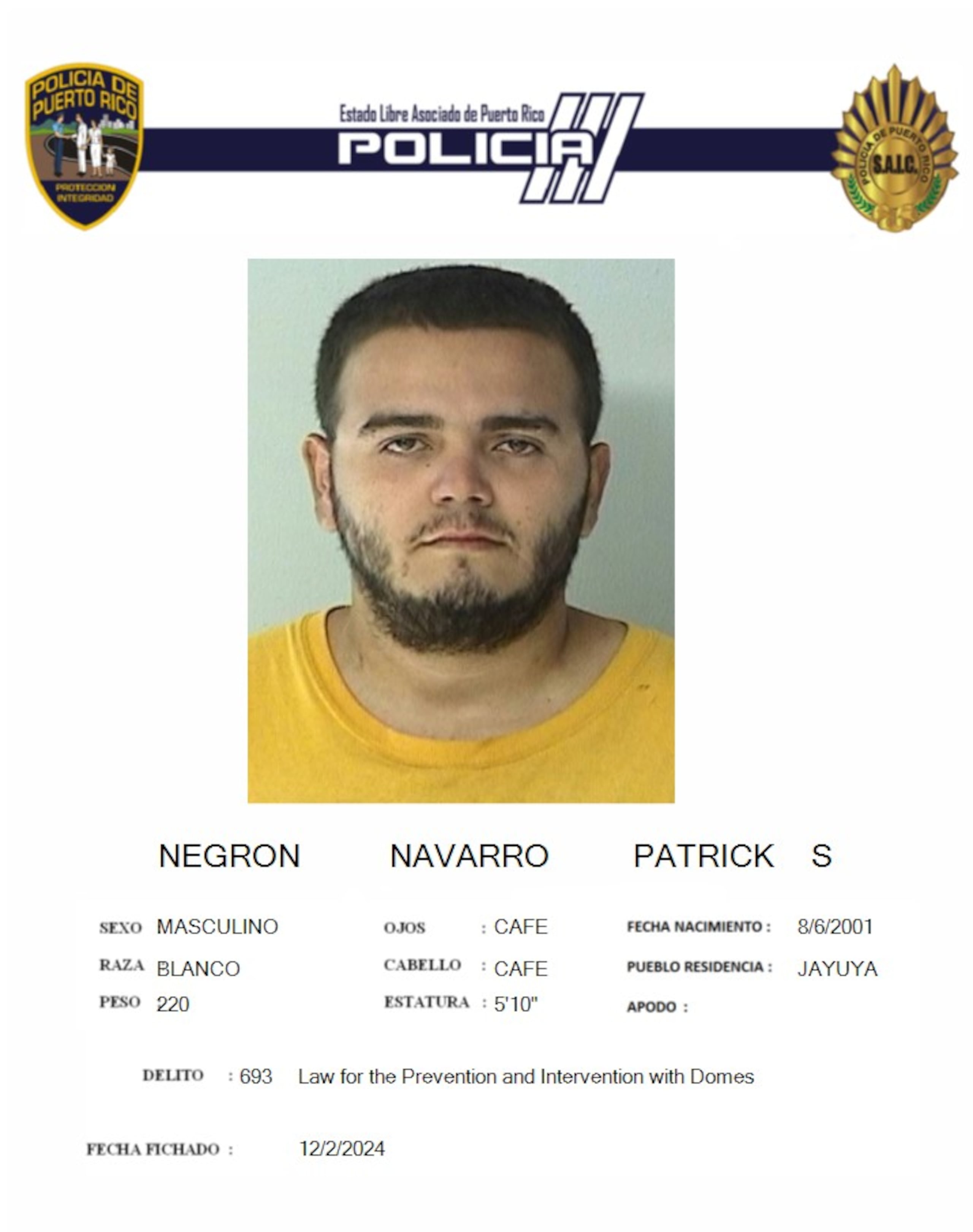 Patrick S. Negrón Navarro, fue acusado por violencia doméstica y portación y uso de arma blanca.