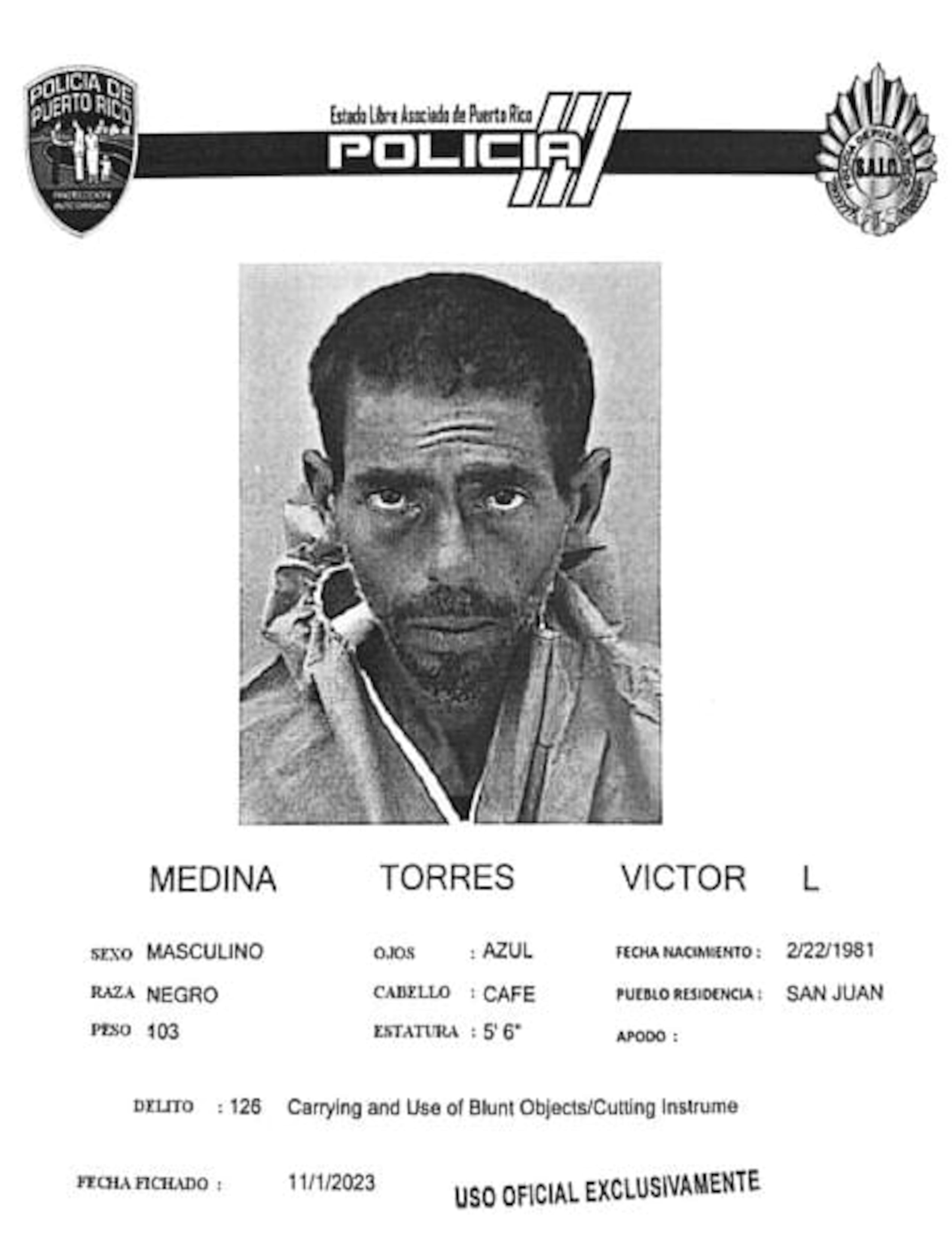 Víctor L. Medina Torres enfrenta cargos por agresión, tentativa de robo y violación a la Ley de Armas.