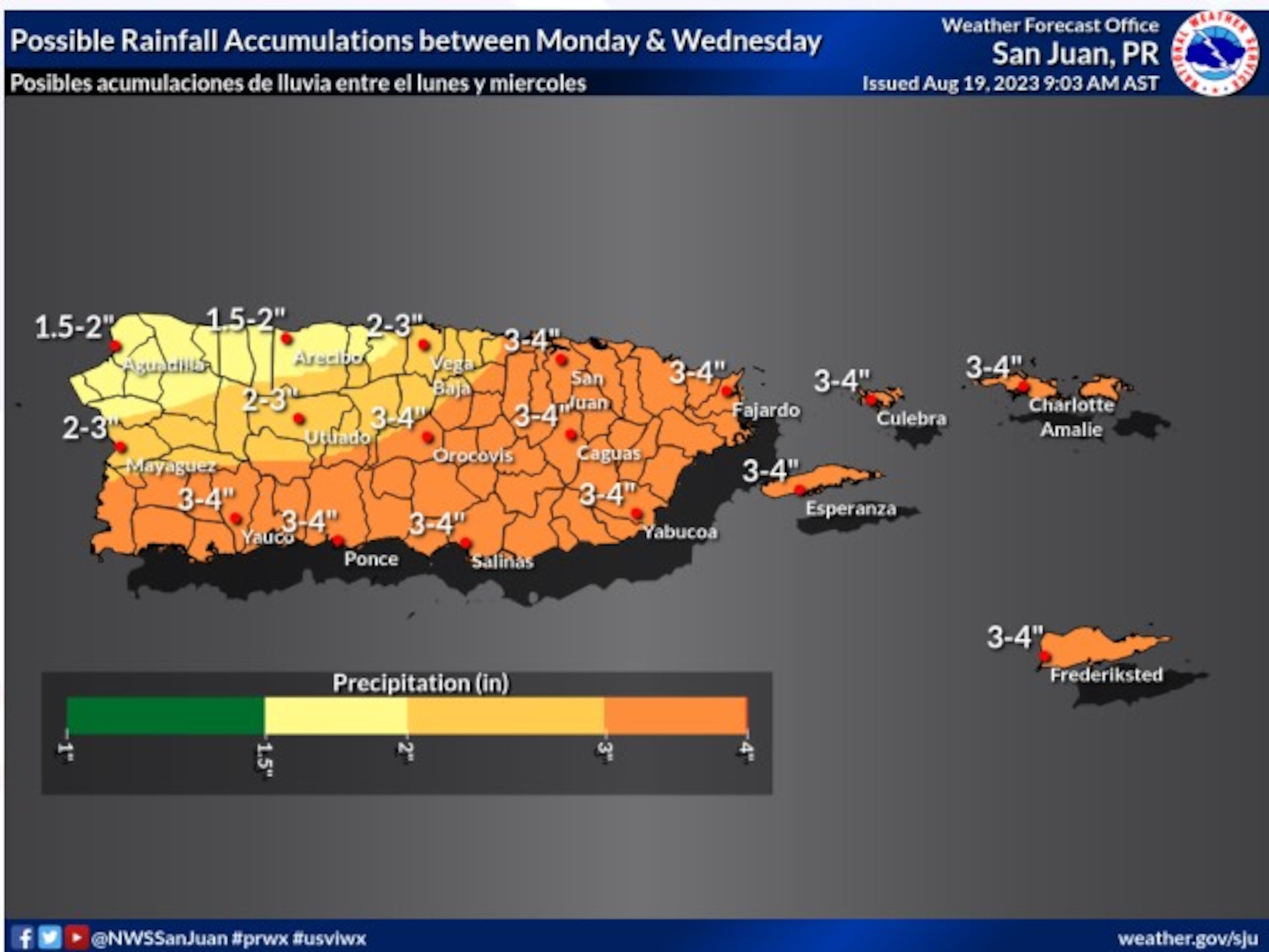 Proyección de lluvia sobre Puerto Rico ante el paso de este sistema tropical.