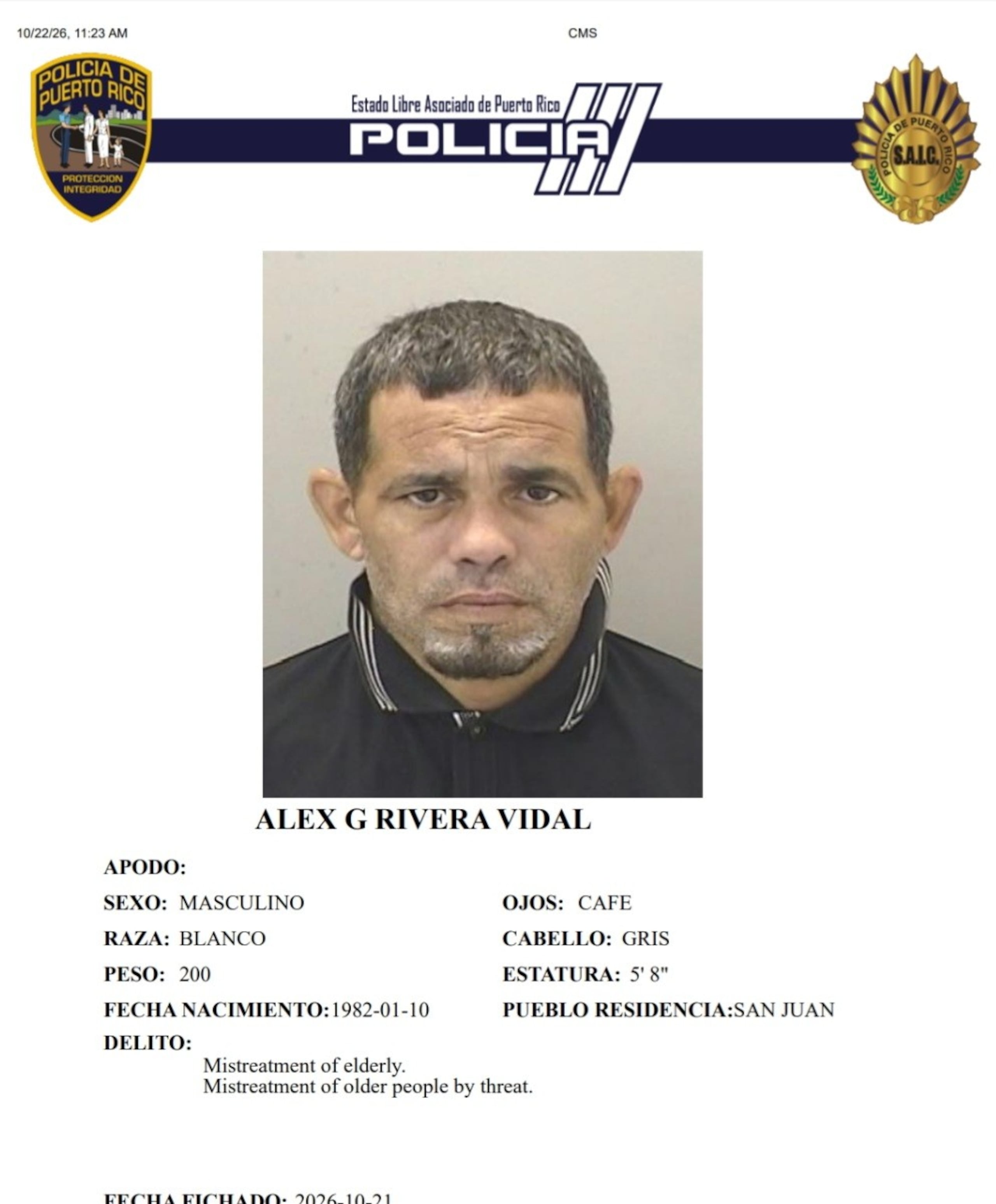 Alex G. Rivera Vidal, enfrenta cargos por maltrato y amenaza a su padre de 70 años.