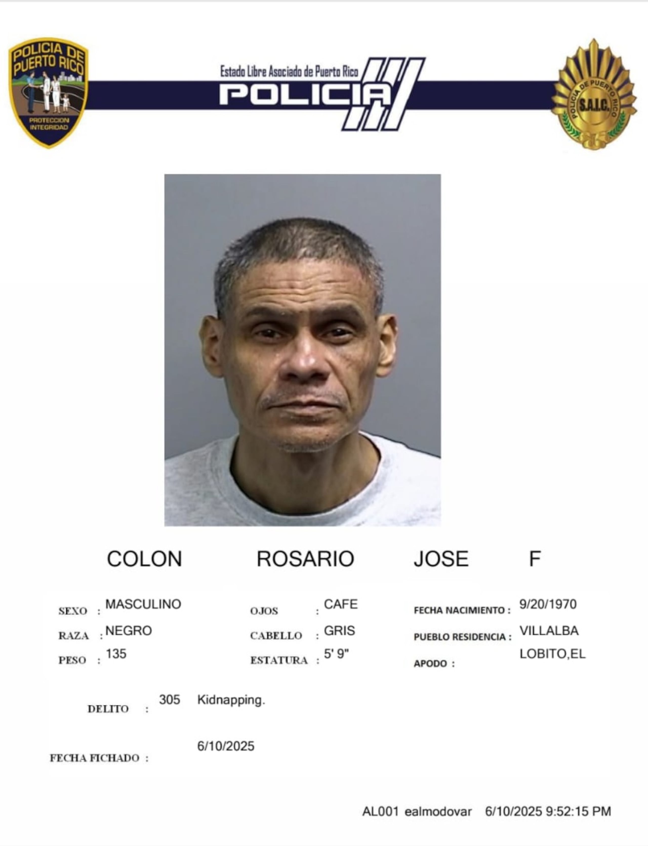 José Francisco Colón Rosario de 54 años, enfrenta cargos criminales por los delitos de secuestro, tentativa de agresión sexual, amenaza, agresión menos grave y por portación y uso de armas blancas.