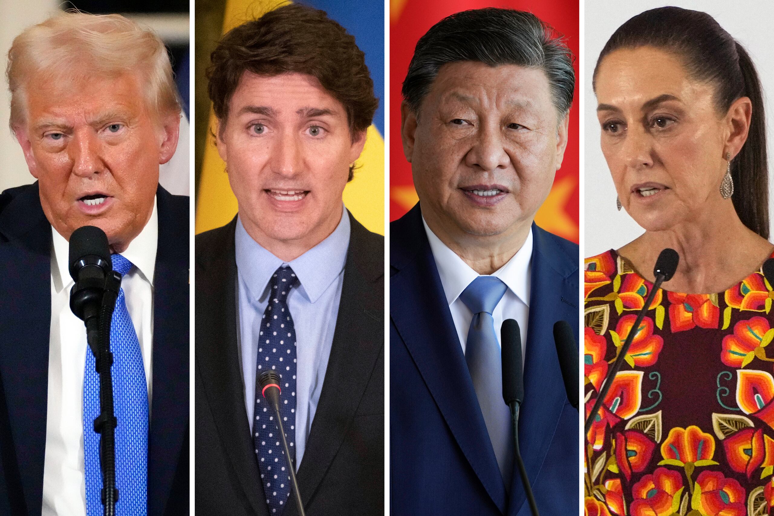 Esta combinación de fotos muestra, desde la izquierda, al presidente estadounidense, Donald Trump, en Palm Beach, Florida, el 7 de febrero de 2025; al primer ministro canadiense, Justin Trudeau, en Kiev, Ucrania, el 10 de junio de 2023; al presidente de China, Xi Jinping, en Brasilia, Brasil, el 20 de noviembre de 2024; y a la presidenta mexicana, Claudia Sheinbaum, en Ciudad de México, el 27 de junio de 2024. (AP Foto)
