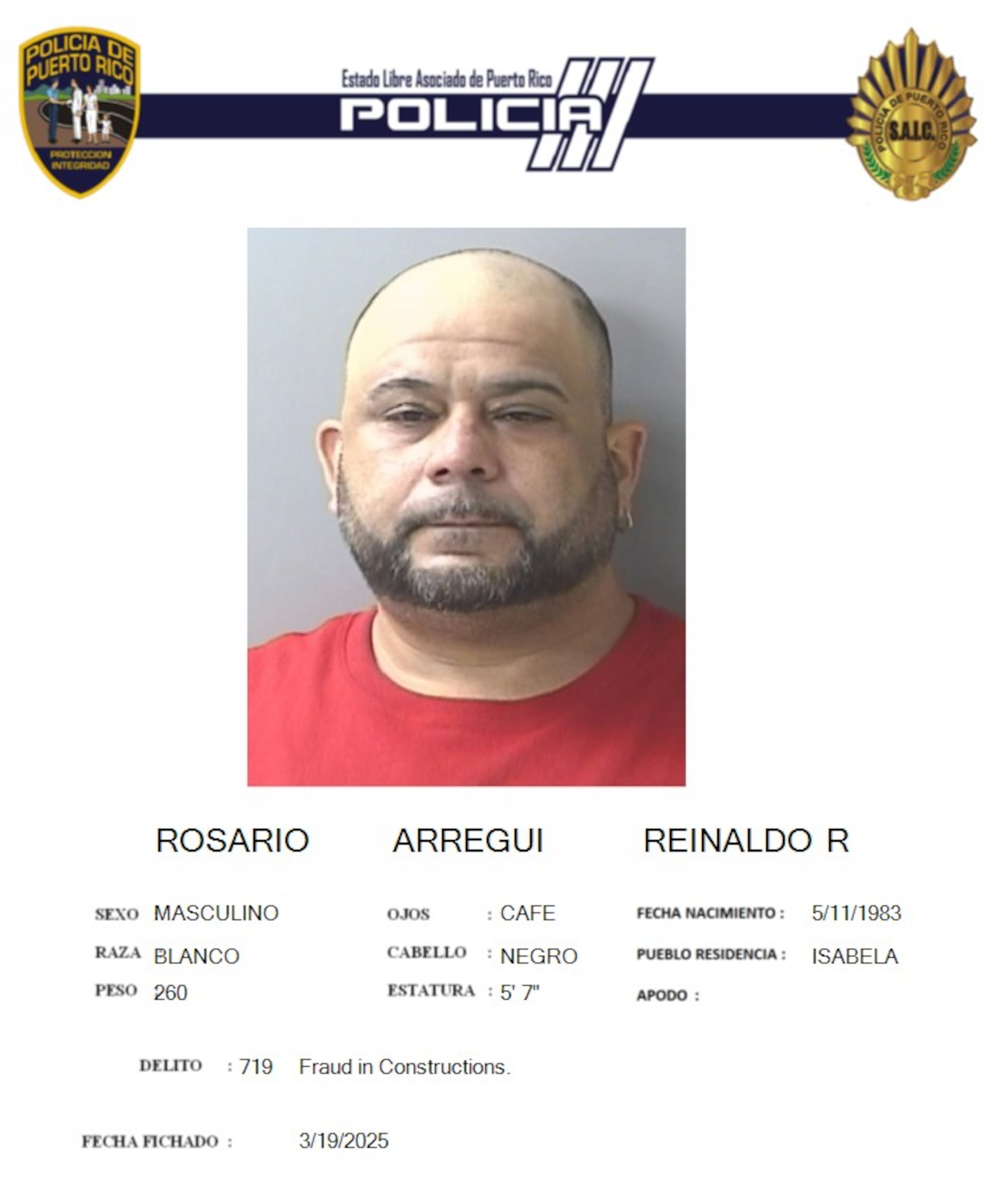 Reinaldo R. Rosario Arregui, enfrenta cargos por fraude en la ejecución de una obra y apropiación ilegal.