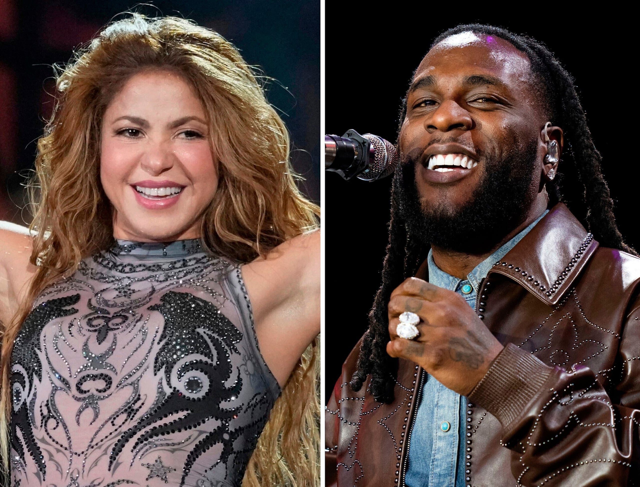 Shakira actúa durante el Festival Global Citizen en Nueva York el 27 de septiembre de 2025 (izquierda), y Burna Boy actúa durante el Festival de Glastonbury en Somerset, Inglaterra, el 30 de junio de 2024. (Foto AP)