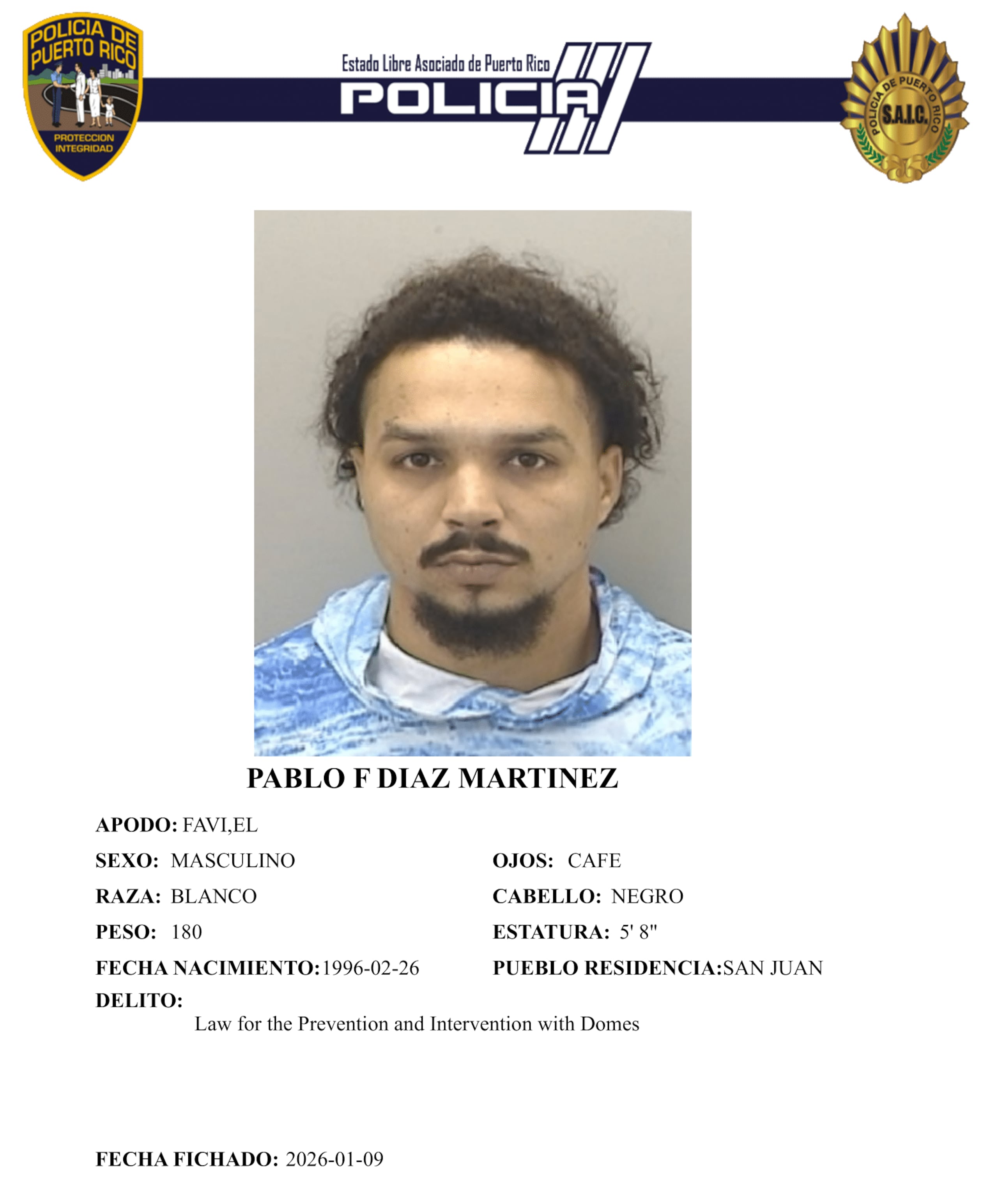 Ficha policíaca del imputado, Pablo F. Díaz Martínez, de 29 años y vecino de San Juan.