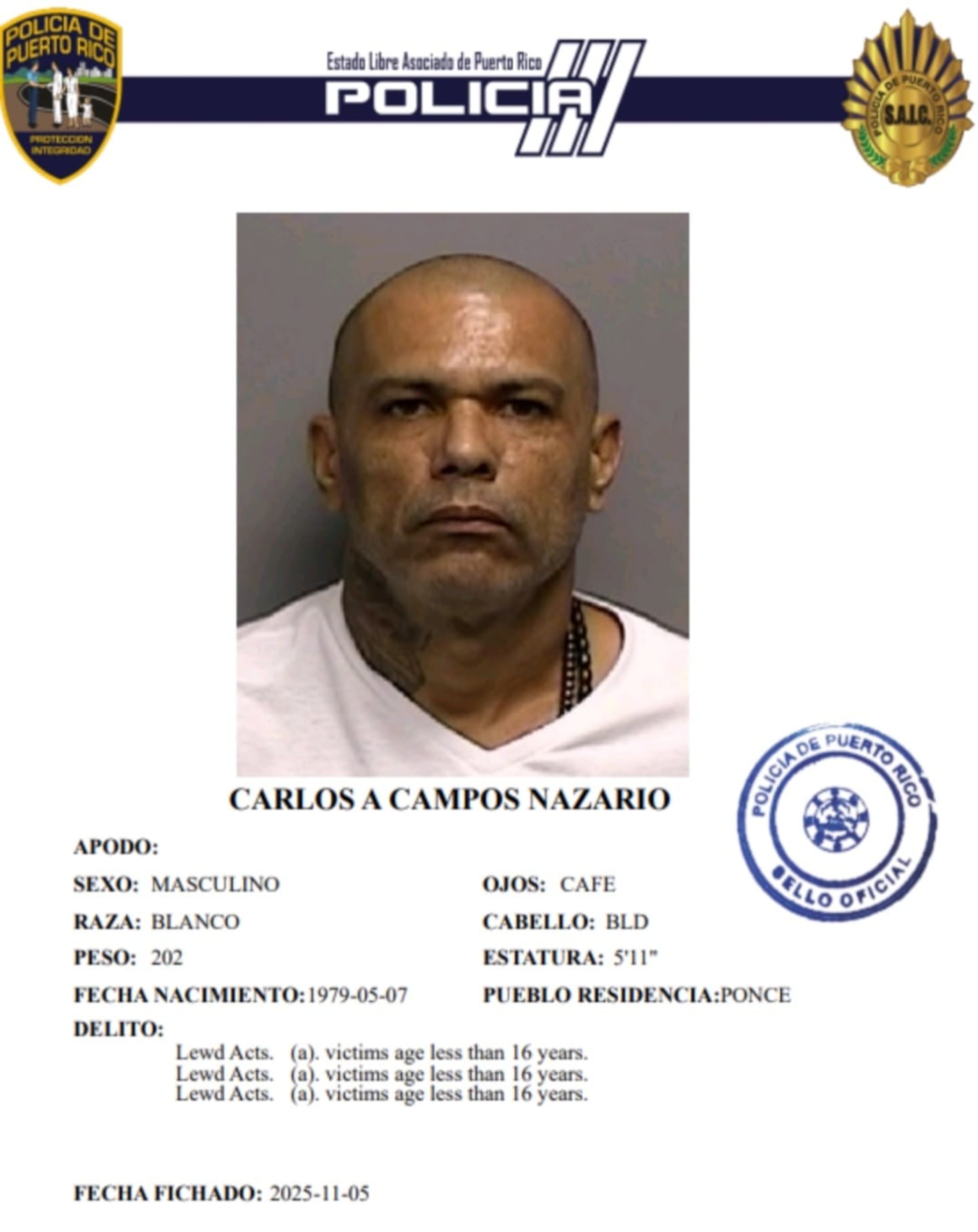 Carlos A. Campos Nazario, enfrenta cargos por agresión sexual, actos lascivos y maltrato de menores.