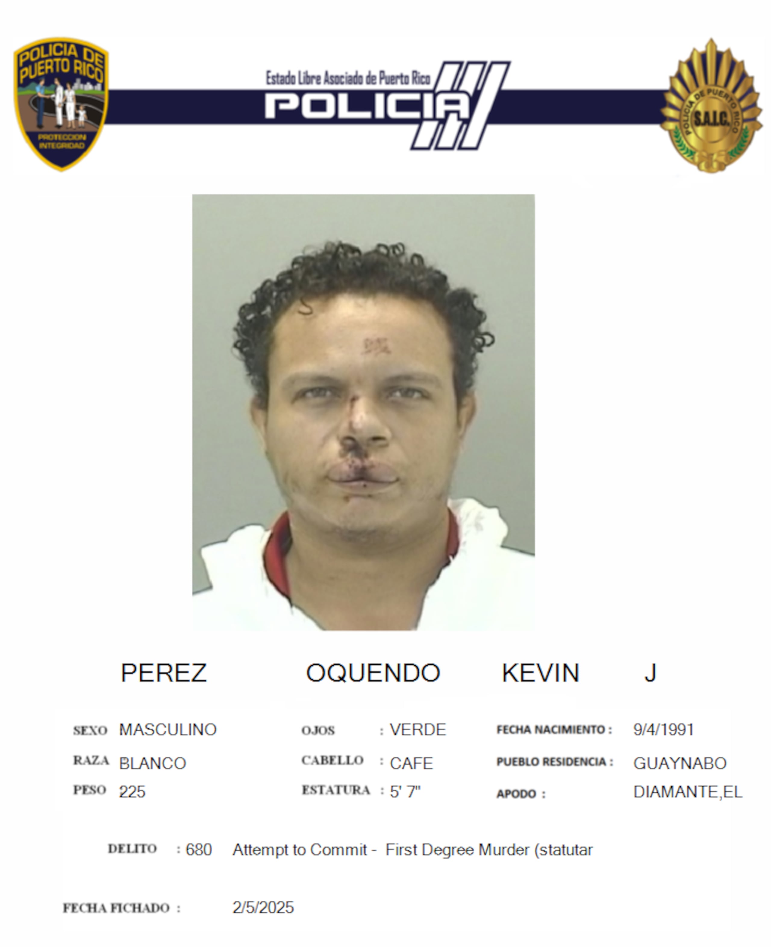 Kevin J. Pérez Oquendo de 34 años, enfrenta cargos de tentativa de asesinato, portación y uso de armas blancas, empleo de violencia o intimidación contra la autoridad pública y maltrato a persona de edad avanzada.