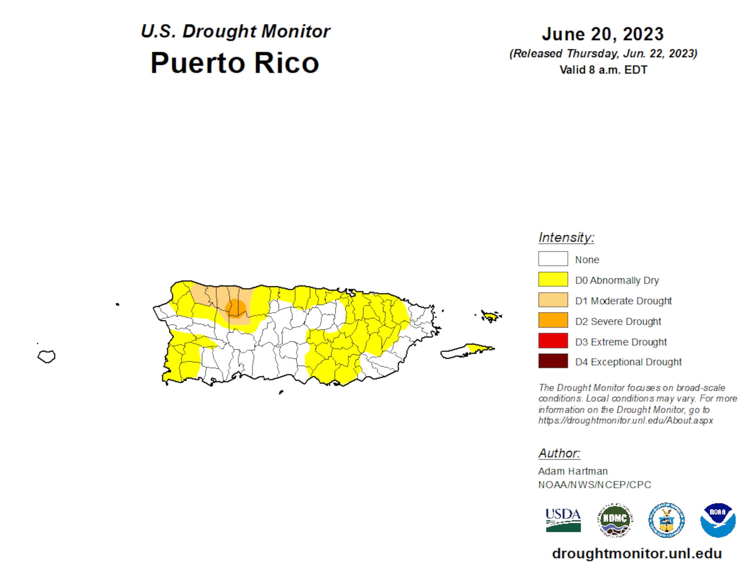 Mapa que muestra la sequía en Puerto Rico.