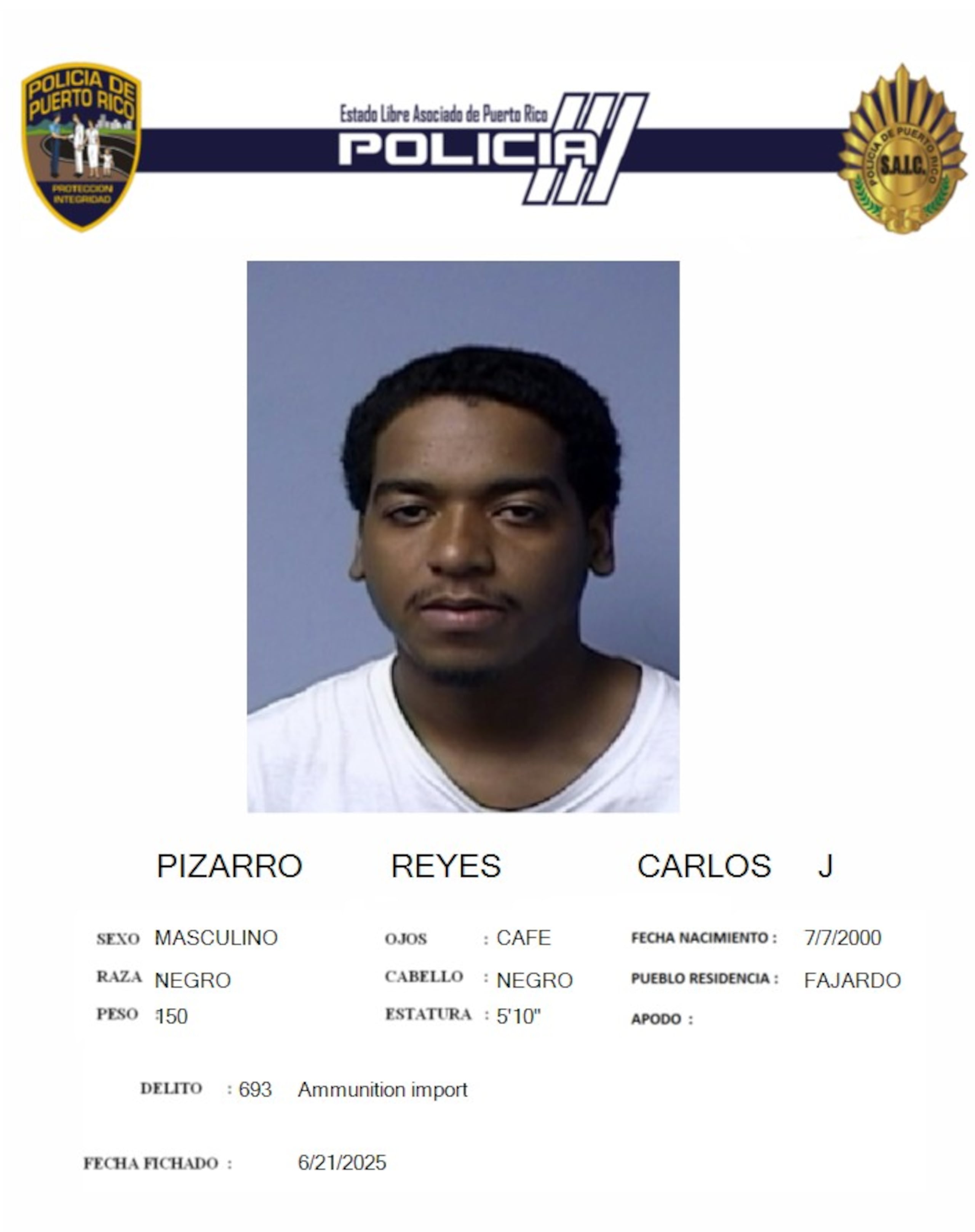 Carlos J. Pizarro Reyes, fue acusado por violación a la Ley de Armas.