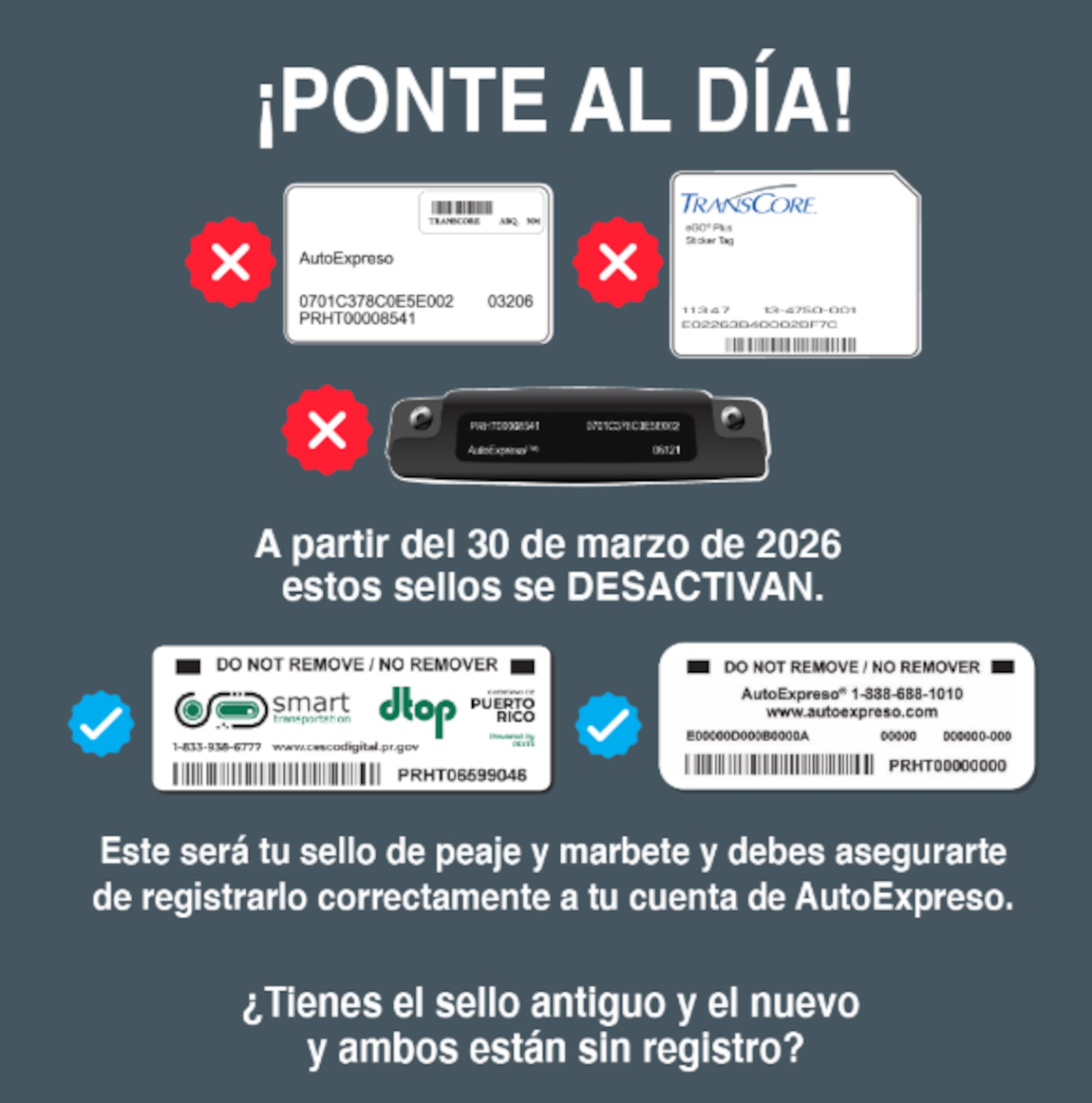 Aviso de AutoExpreso para remover antiguo sello.