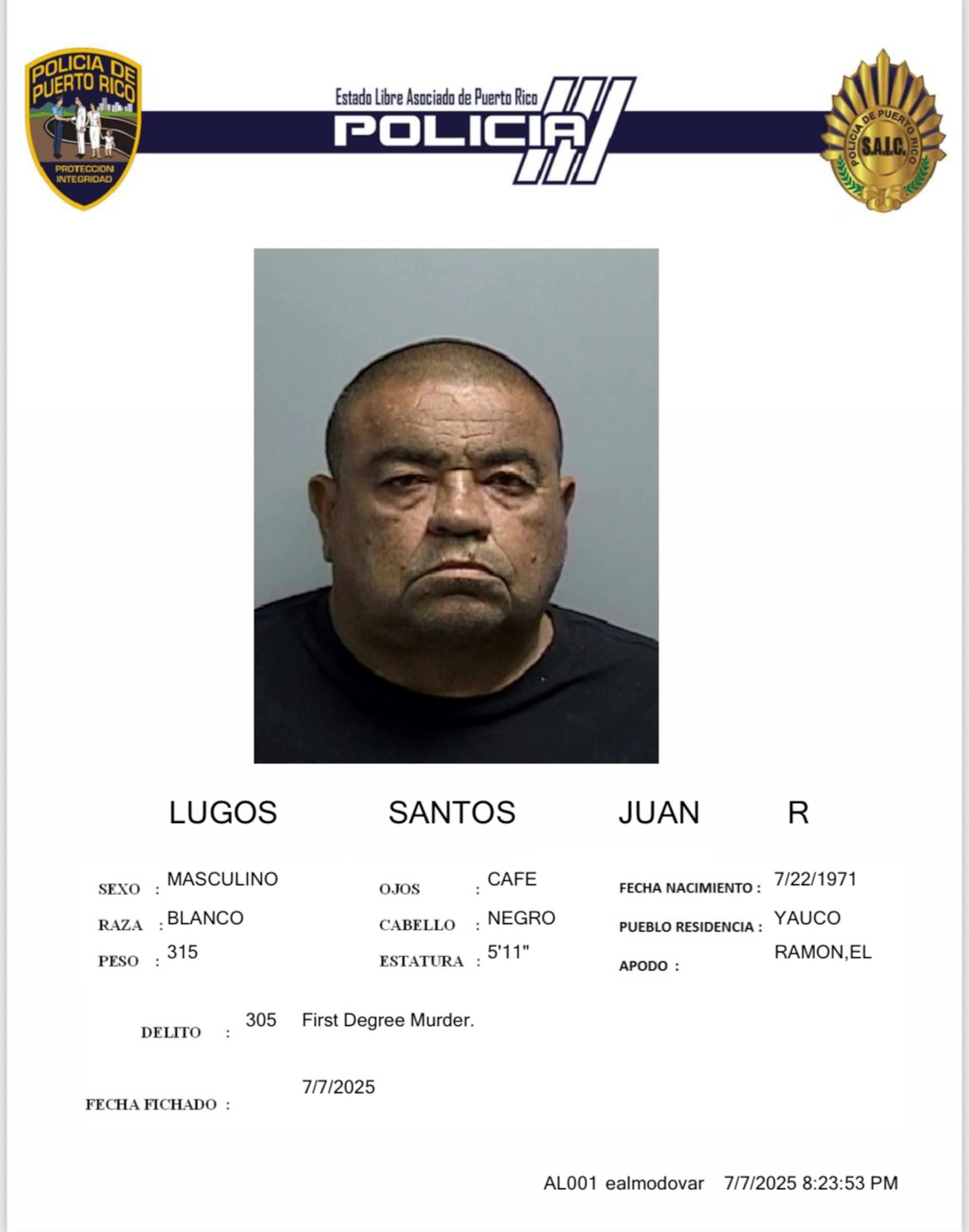 Juan Ramón Lugo Santos, fue acusado por el asesinato en primer grado de su hermano, por apuntar y disparar un arma de fuego y escalamiento agravado.