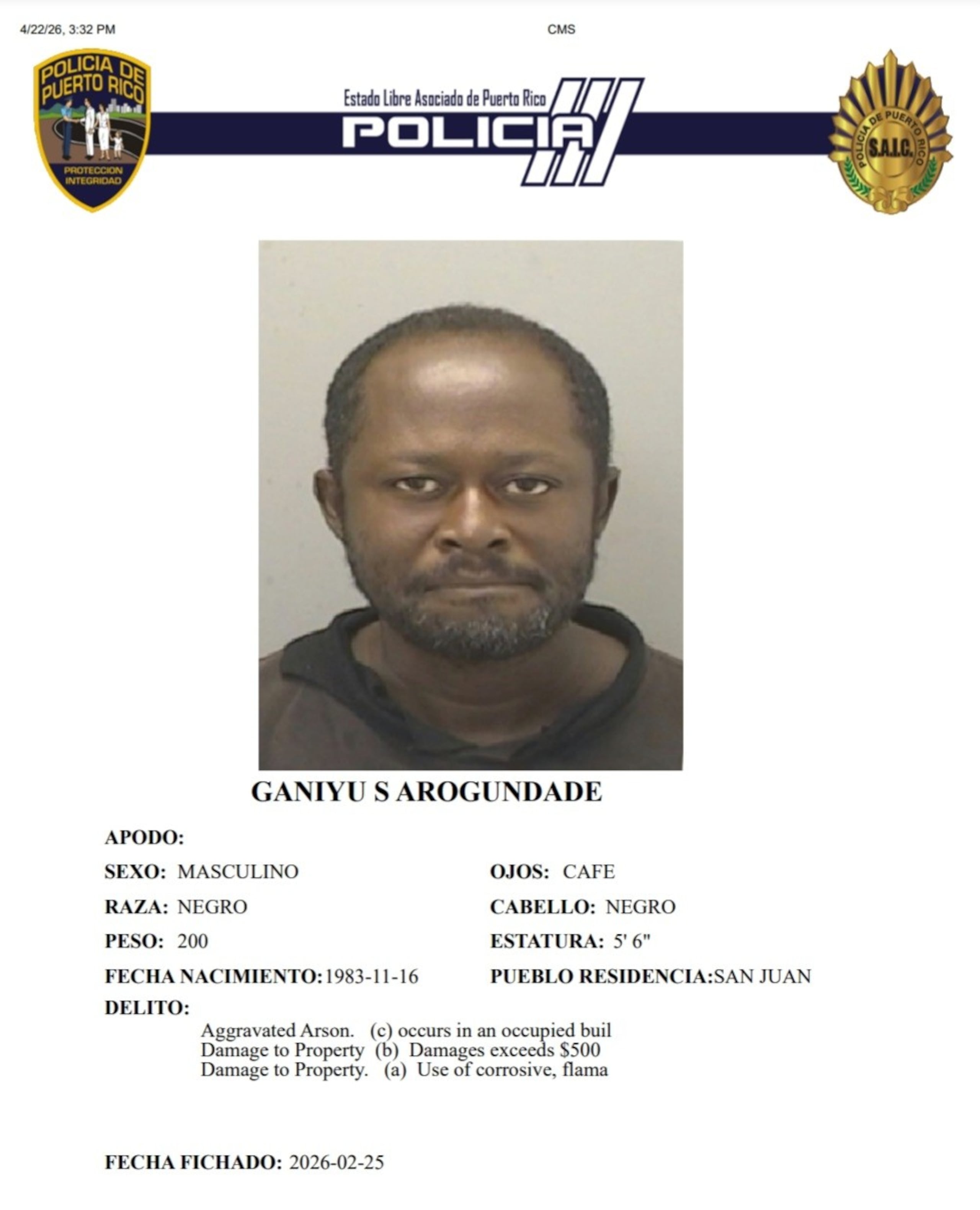 Ganiyu Seriki Arogundade, enfrenta un cargo por incendio agravado en el baño del restaurante de comida rápida Wendy’s del centro comercial Plaza Escorial, en Carolina, el 10 de junio de 2025.