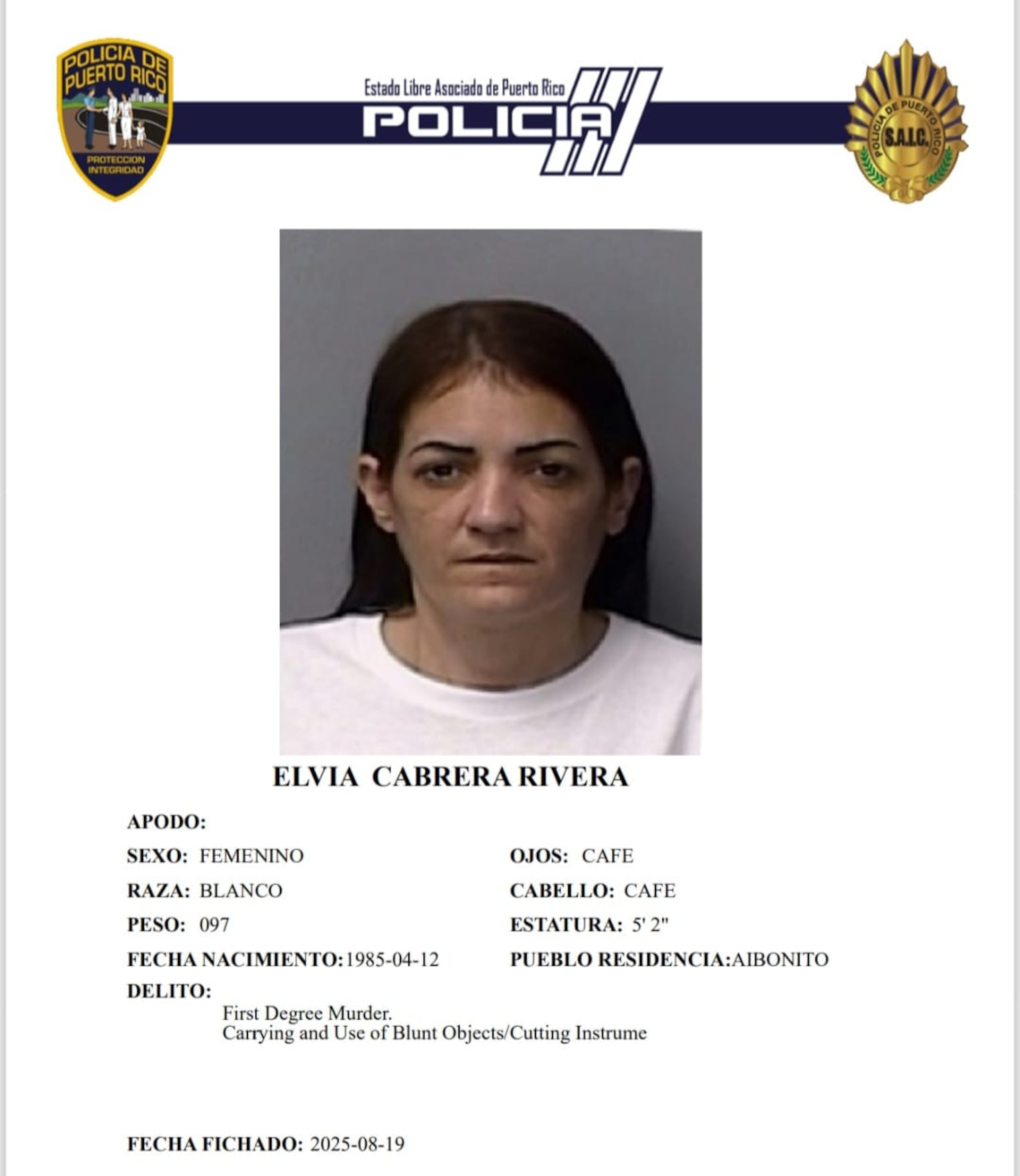 Elvia Cabrera Rivera, enfrenta cargos por asesinato en primer grado y violación a la Ley de Armas, por el crimen de Gabriela Nicole Pratts Rosario de 16 años, en Aibonito,