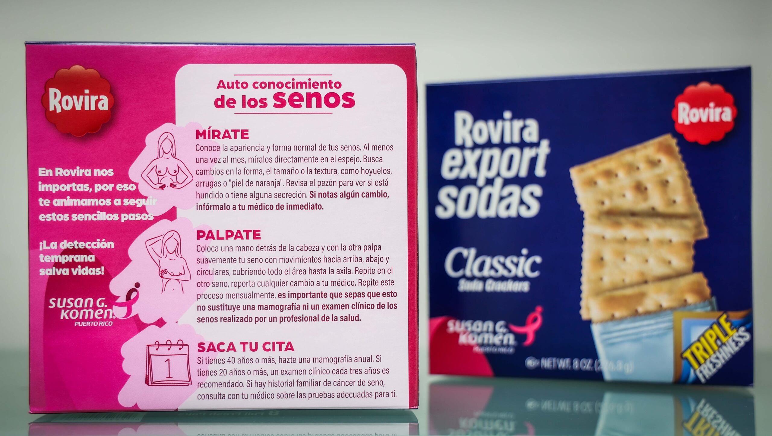 Este año, Rovira utiliza la parte de atrás de su empaque para, de una manera muy sencilla y gráfica, comunicar los tres pasos claves para la detección temprana del cáncer de seno.
