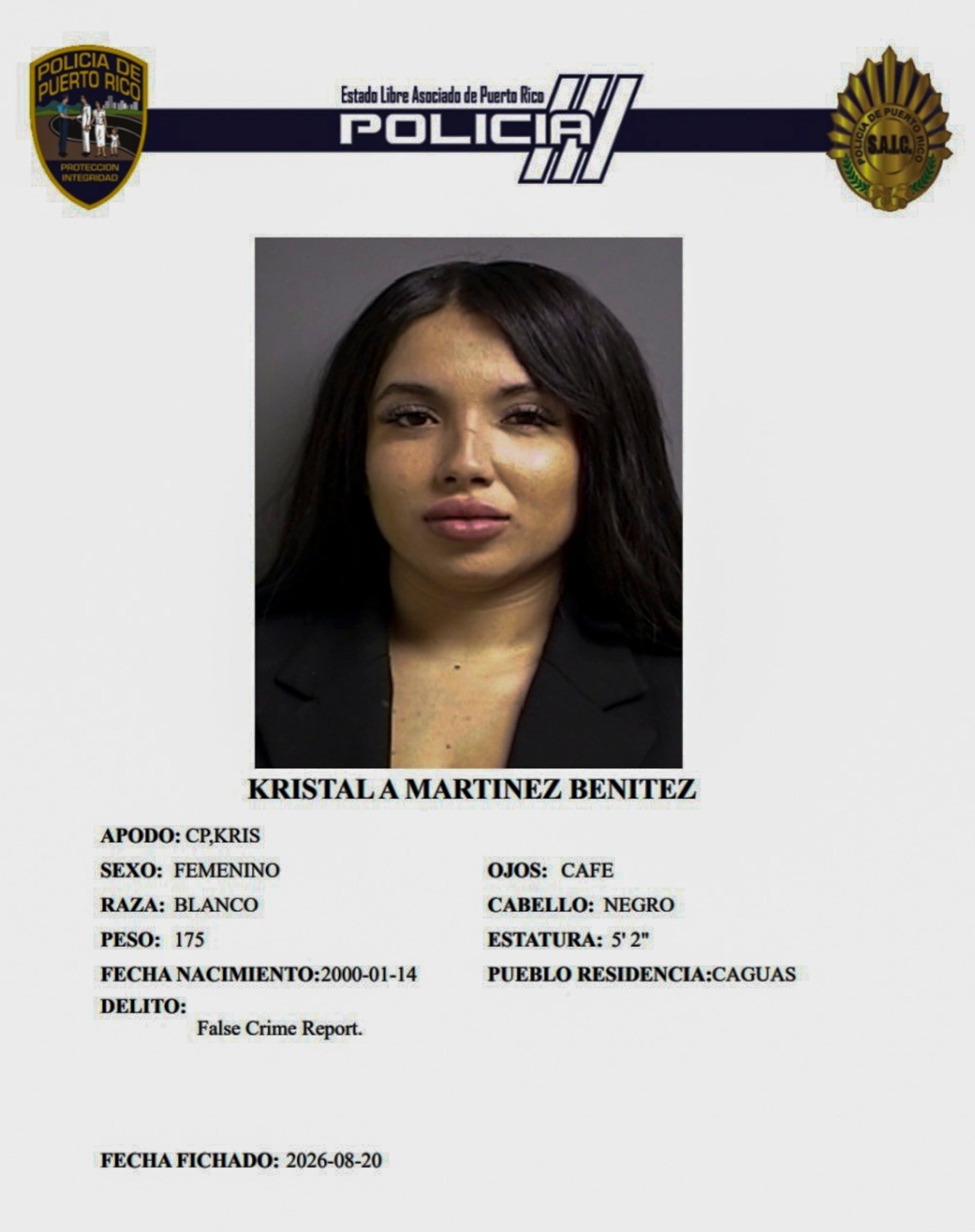 Kristal A. Martínez Benítez, enfrenta un cargo por dar información falsa a las autoridades con el fin de provocar una investigación criminal innecesaria.