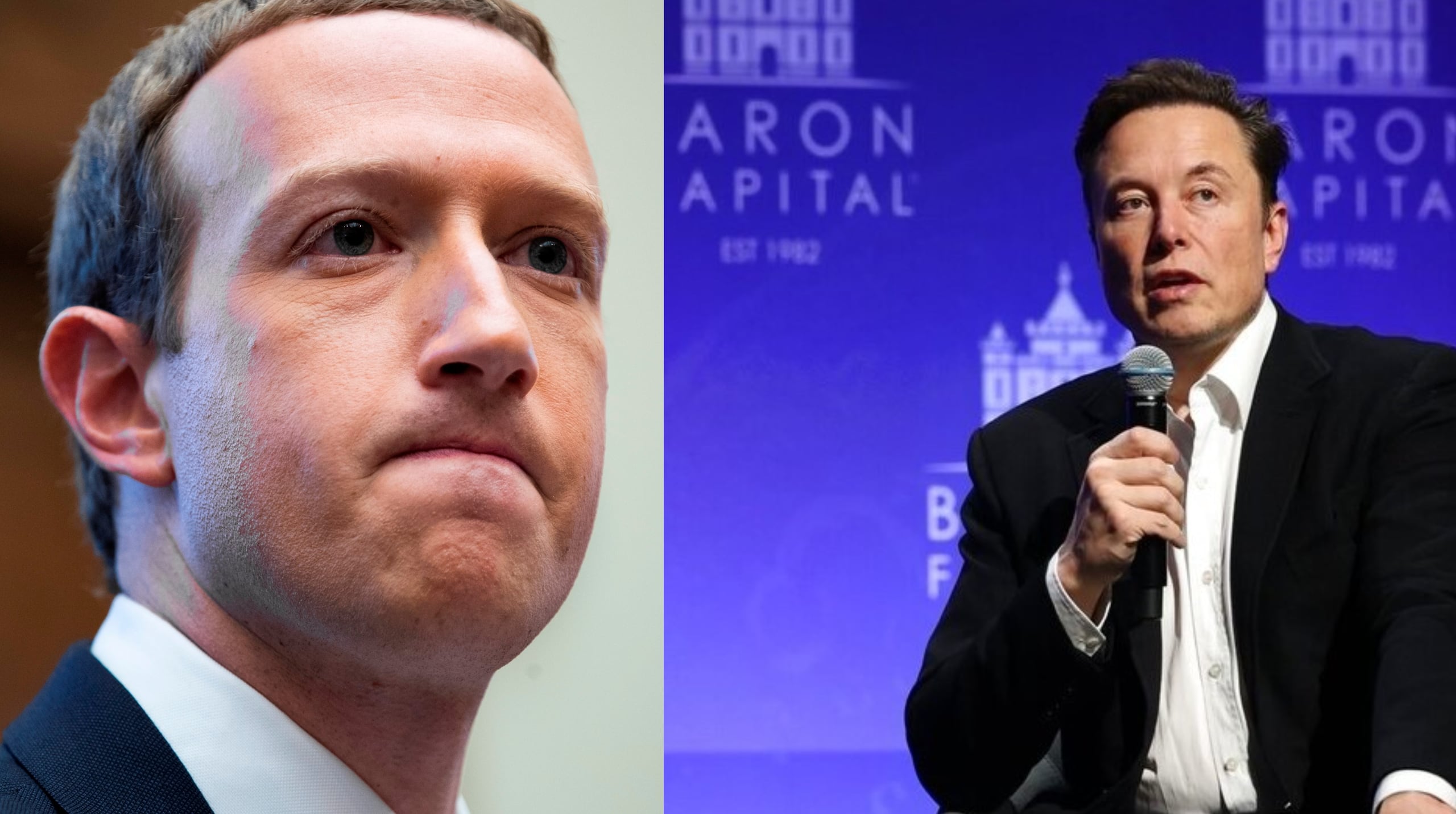 A la izquierda el ejecutivo principal de Meta, Mark Zuckerberg, a la derecha el dueño de Twitter, Elon Musk