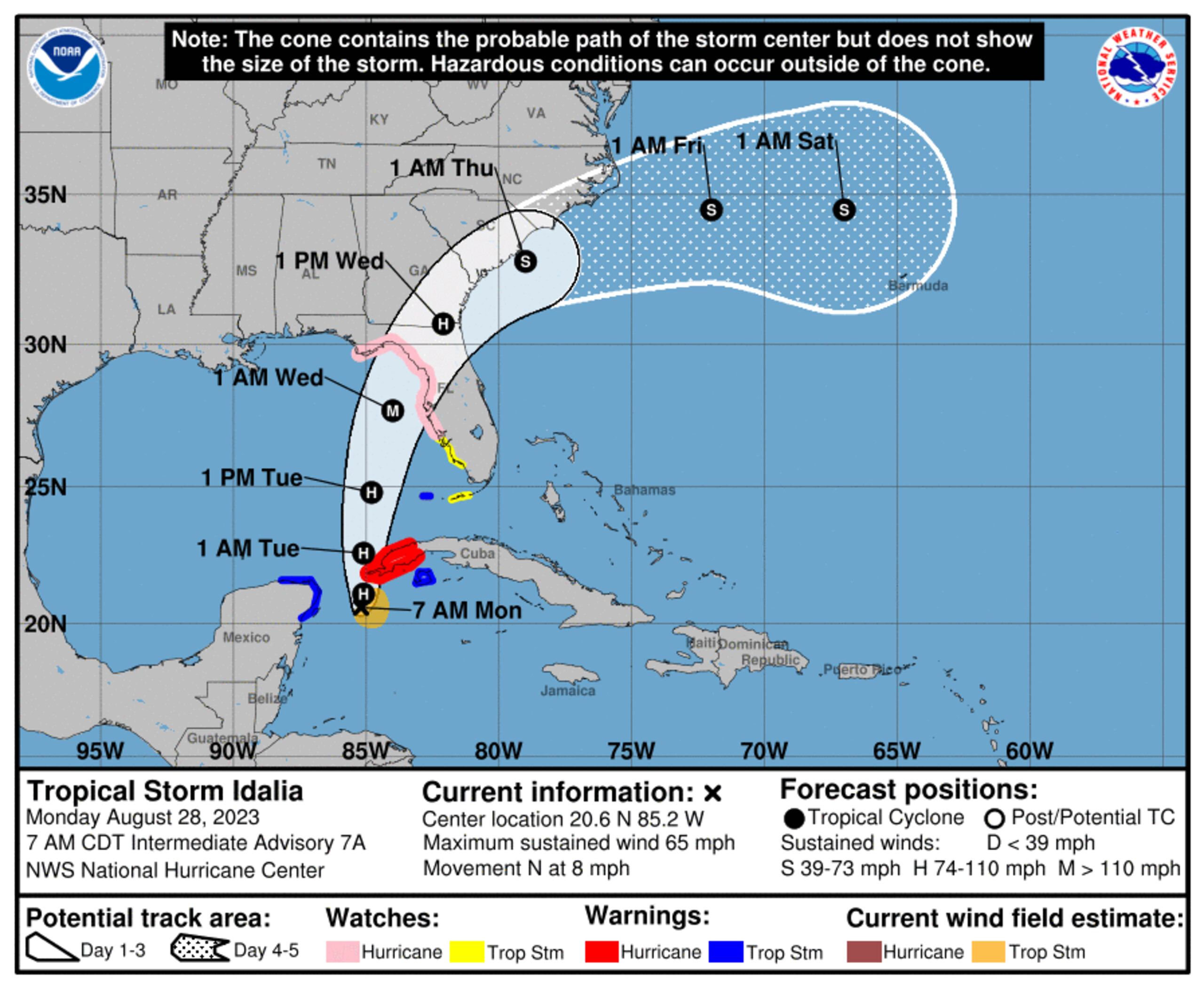 Pronóstico de la tormenta tropical Idalia emitido durante la mañana del 28 de agosto de 2023.