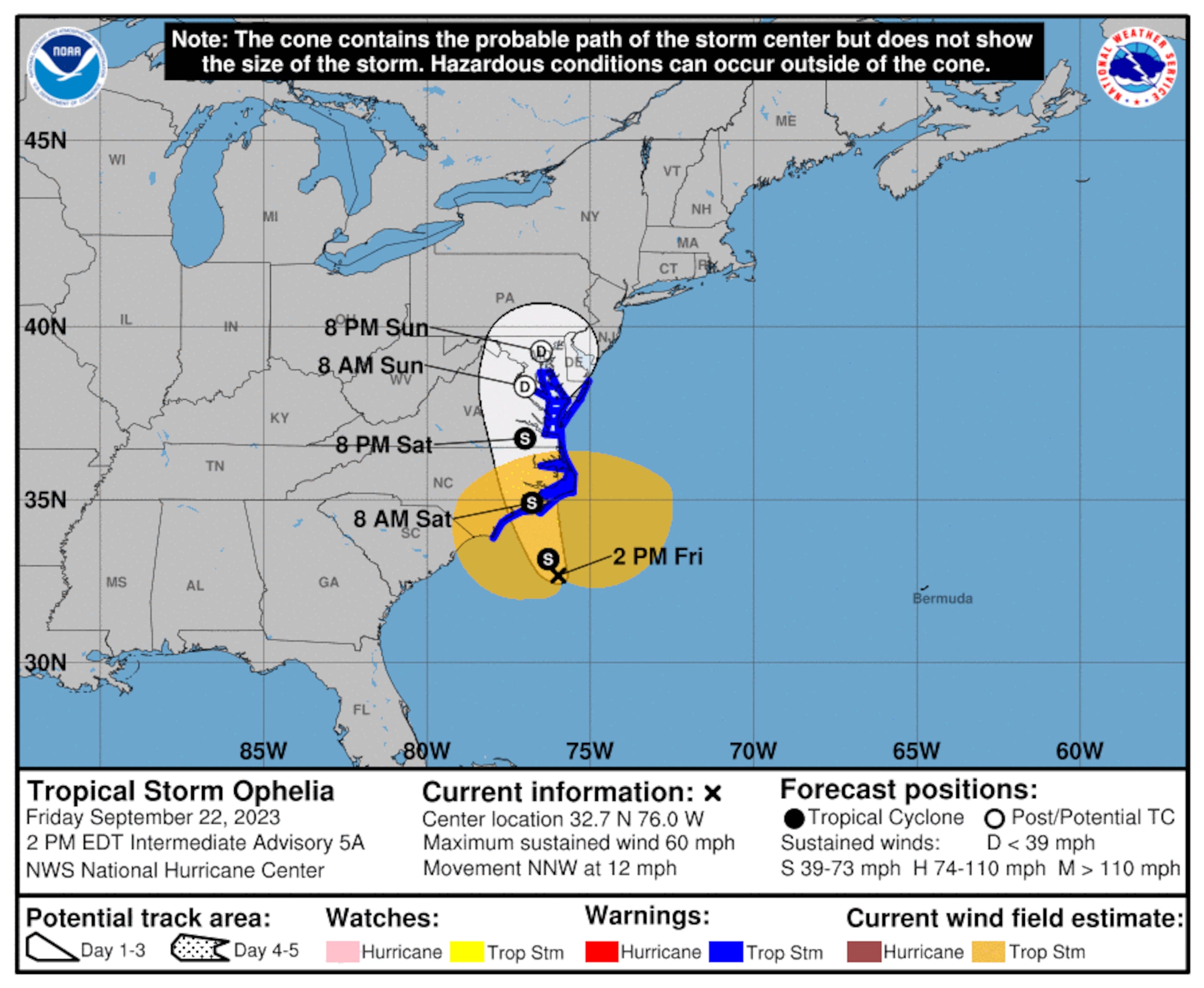 Pronóstico de la tormenta tropical Ophelia emitido a las 2:00 de la tarde del 22 de septiembre de 2023.