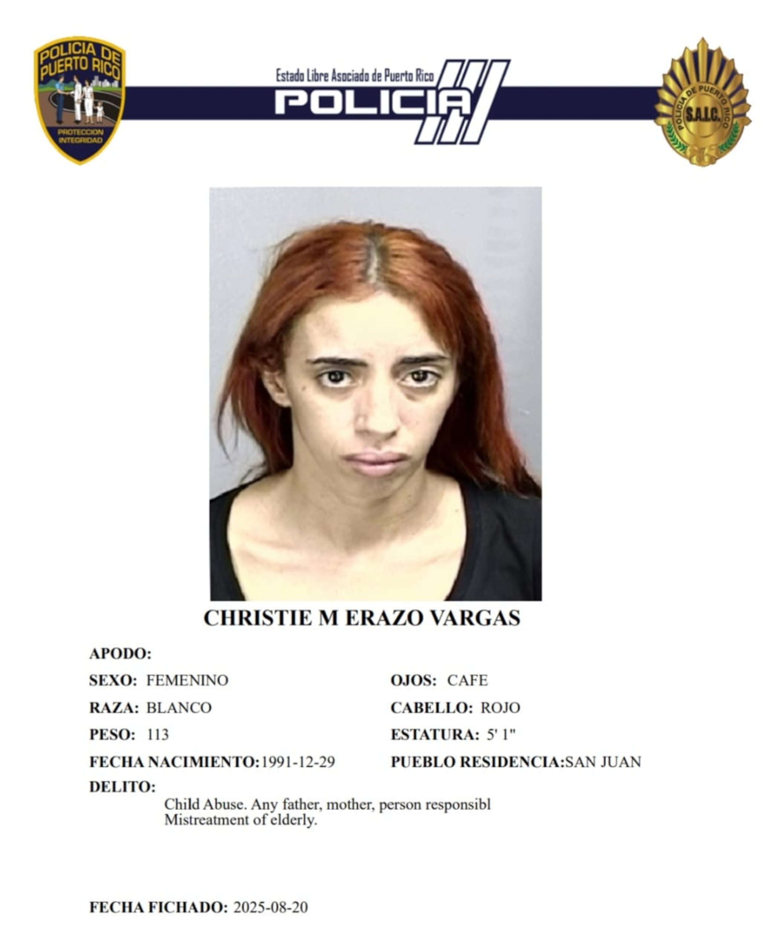 Christie M. Erazo Vargas, enfrenta cargos por maltrato de menores y a personas de edad avanzada.