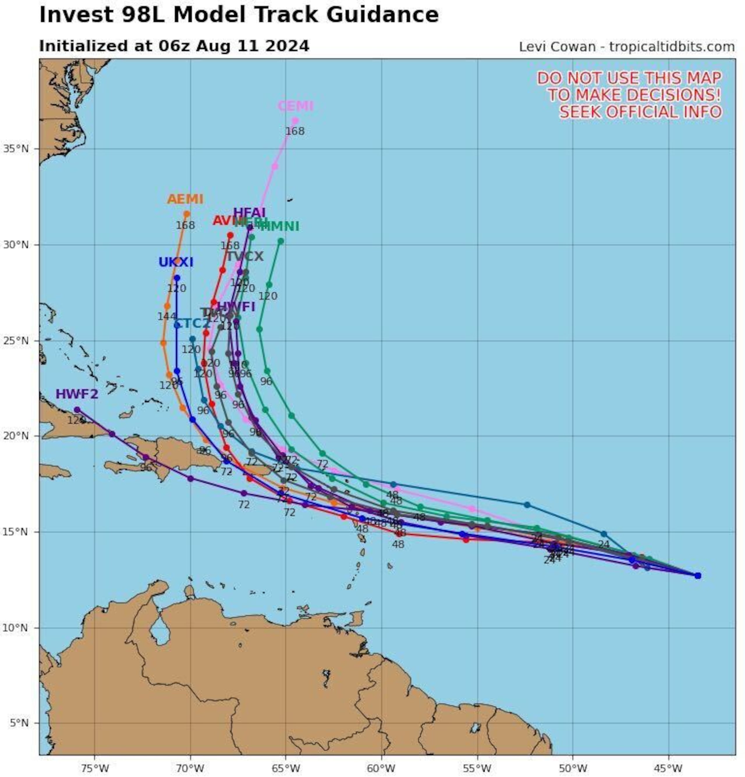 Modelo para el Invest98L en la mañana del domingo, 10 de agosto.