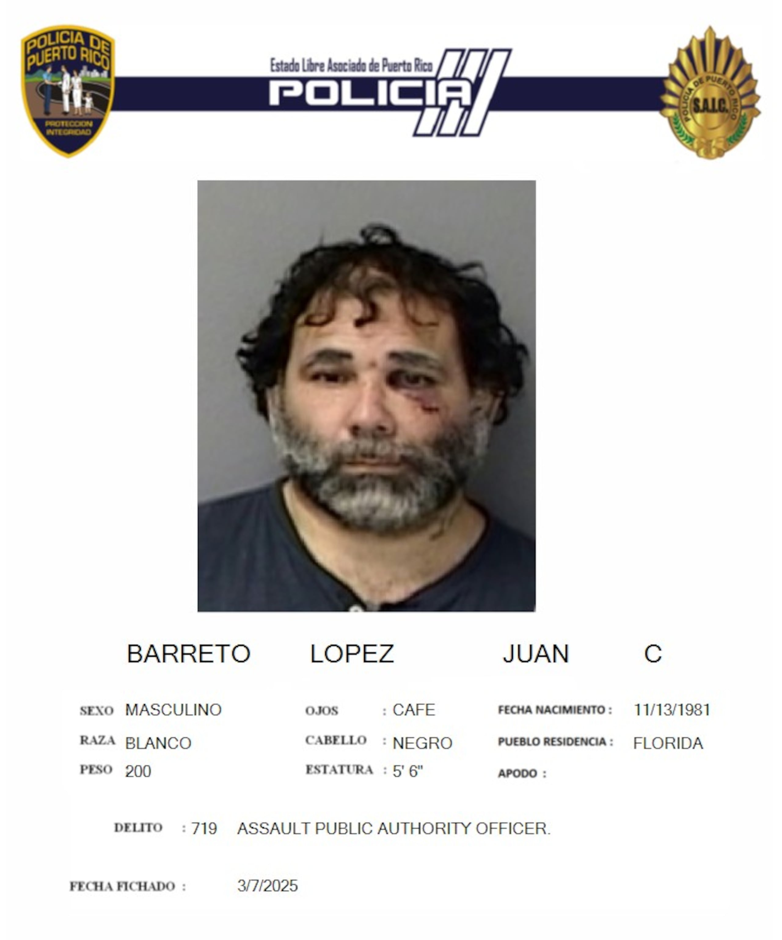 Ficha suministrada por la Policía de Juan Carlos Barreto López.