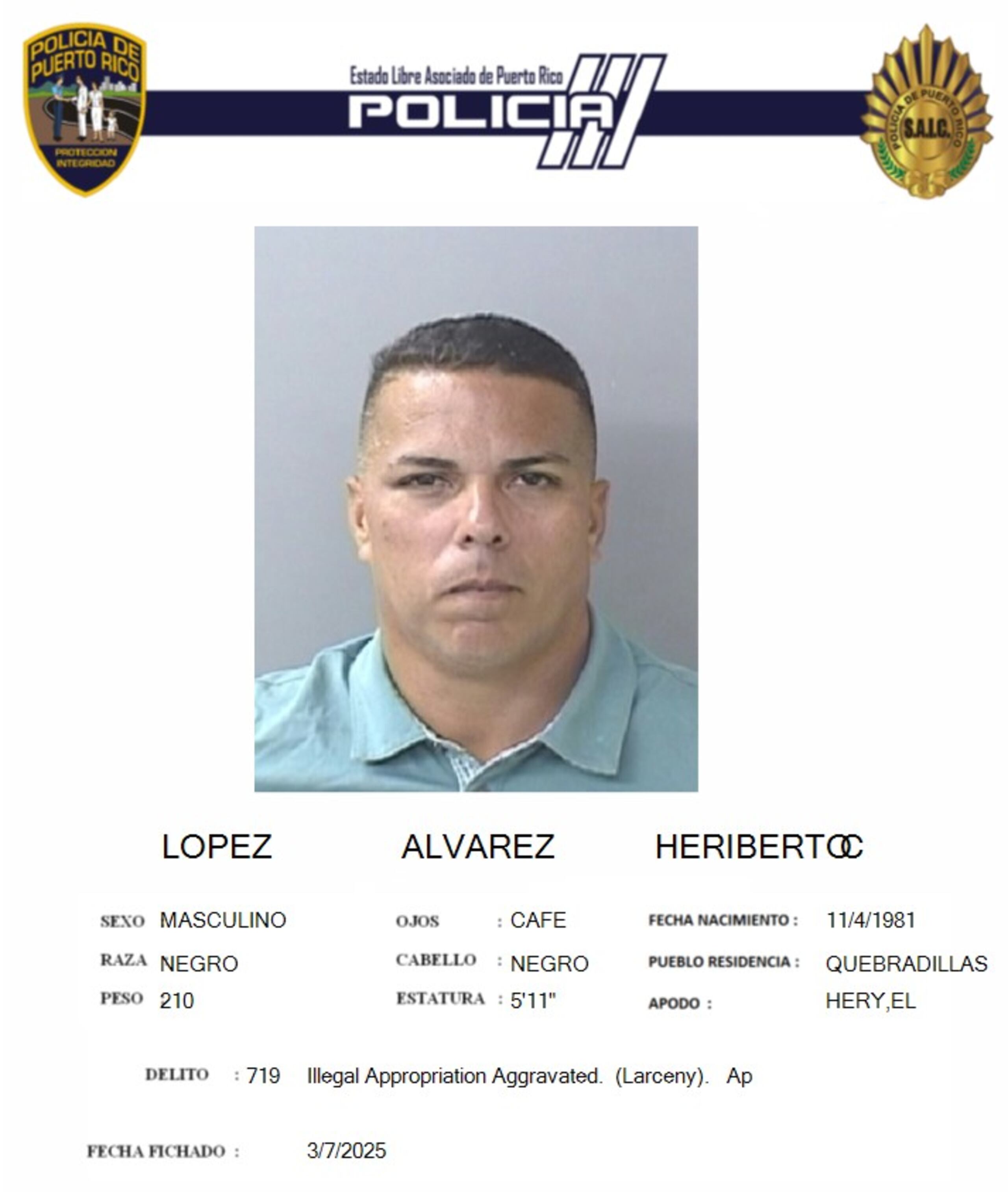 Ficha policiaca de Heriberto C. López Álvarez, de 43 años y residente de Quebradillas.