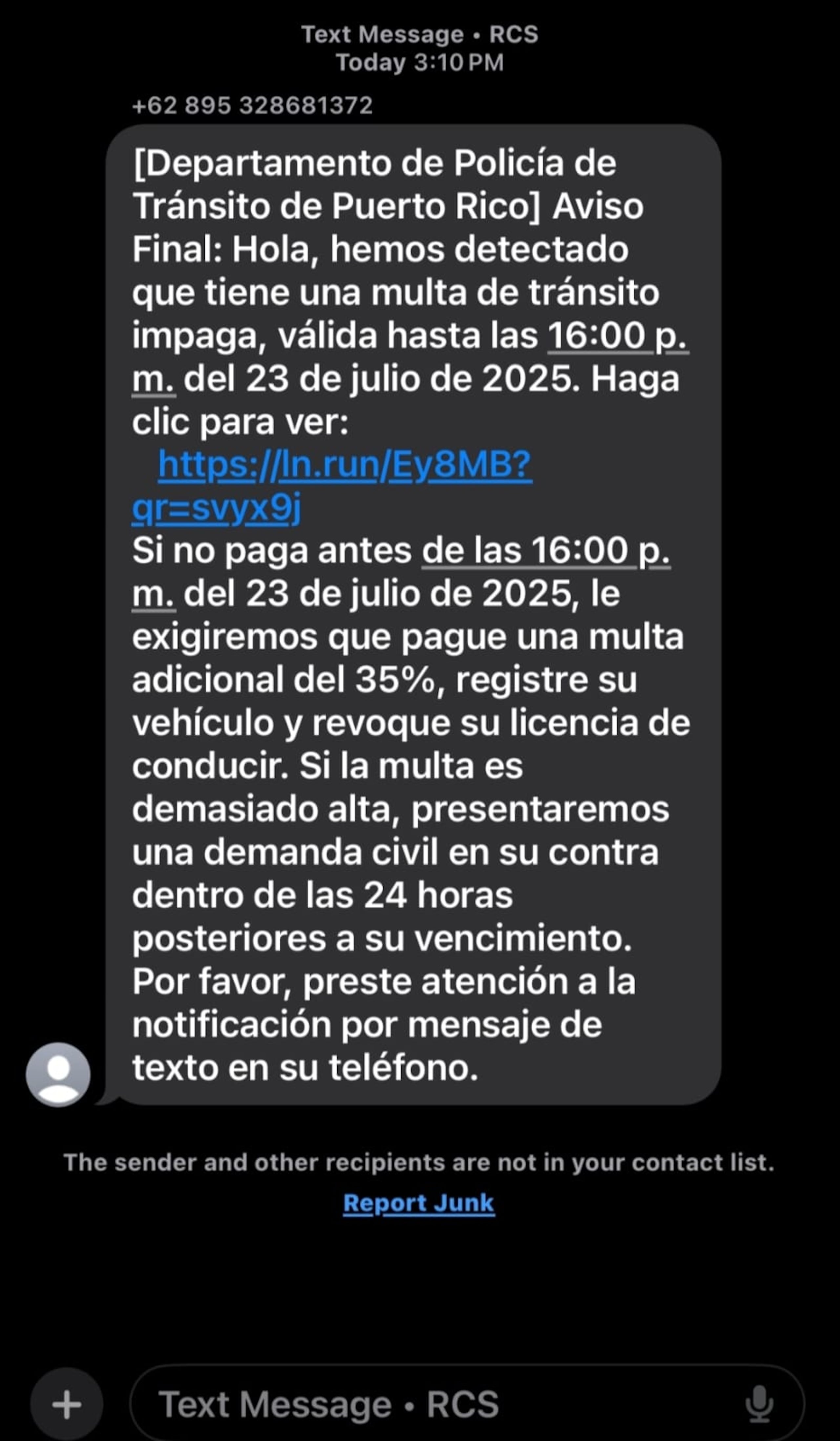 Los mensajes pueden tener títulos como “Departamento de Policía de Tránsito de Puerto Rico - Aviso Final” e incluyen advertencias de supuestas multas que deben ser saldadas antes de una fecha límite.