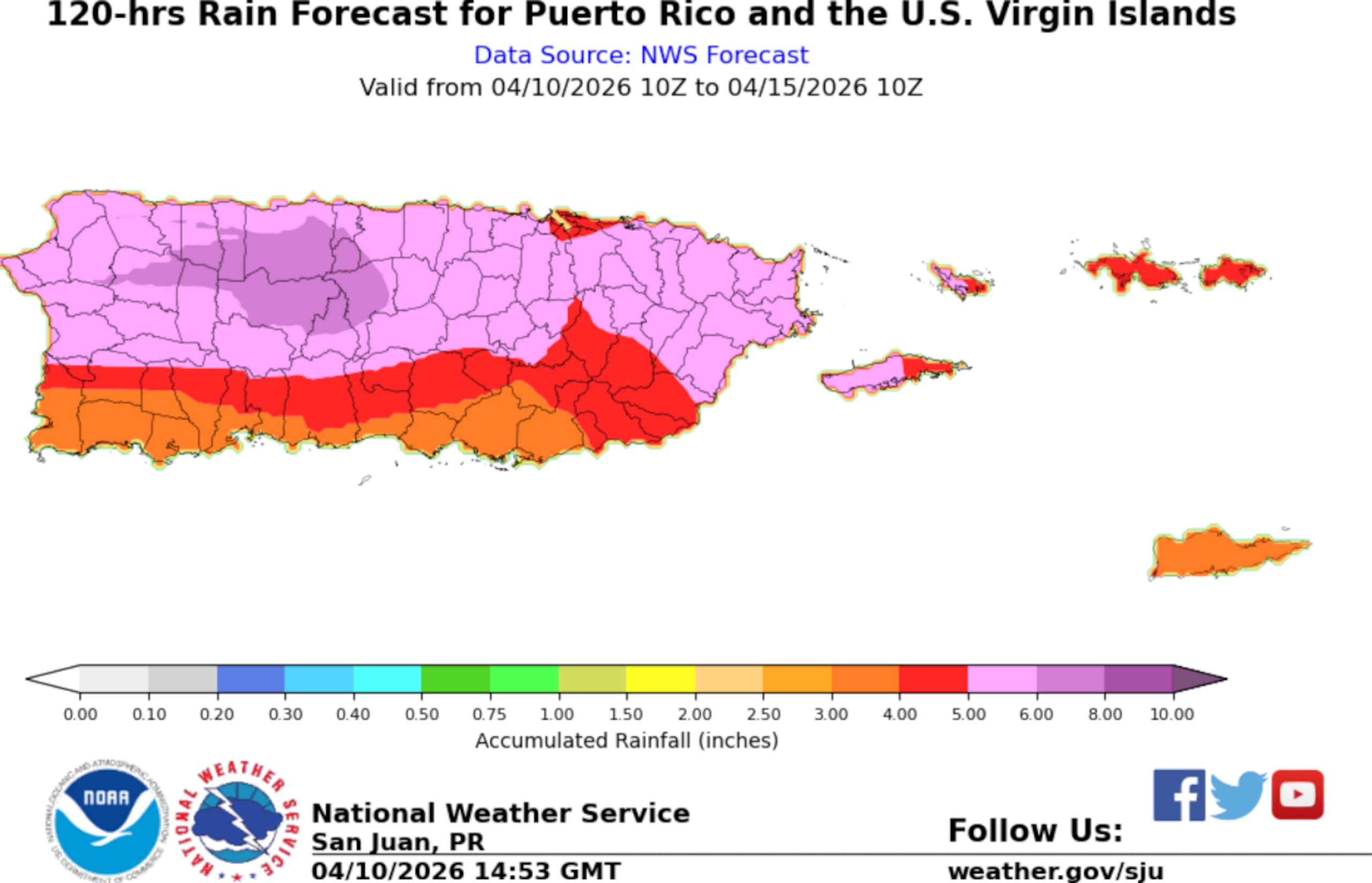 Pronóstico de lluvia acumulada de 120 horas, equivalente a un periodo de cinco días de precipitación, desde el viernes 10 de abril hasta el miércoles 15 de abril de 2026.