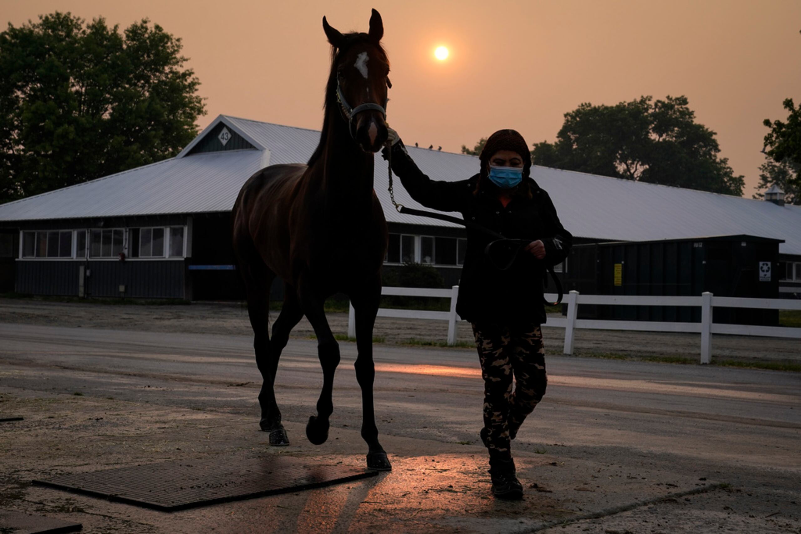 Una cuidadora usa máscara mientras lleva a un caballo de regreso a los establos mientras el sol se oscurece al fondo debido a la neblina causada por los incendios forestales del norte antes de la carrera de Belmont Stakes.