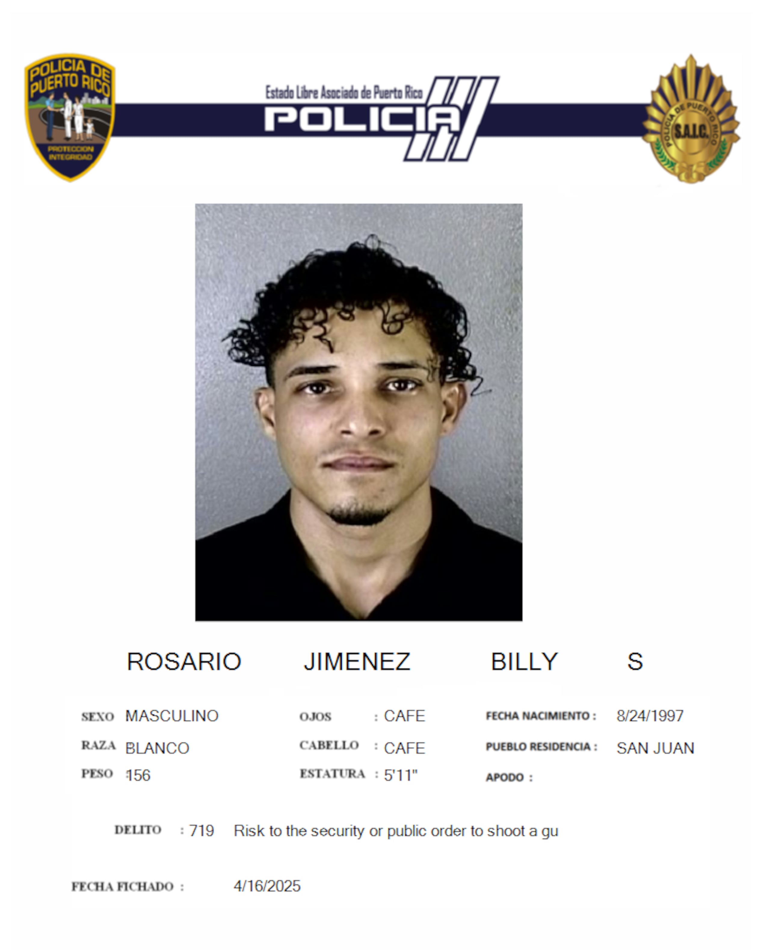Billy S. Rosario Jiménez, enfrenta cargos por asesinato y violación a la Ley de Armas.