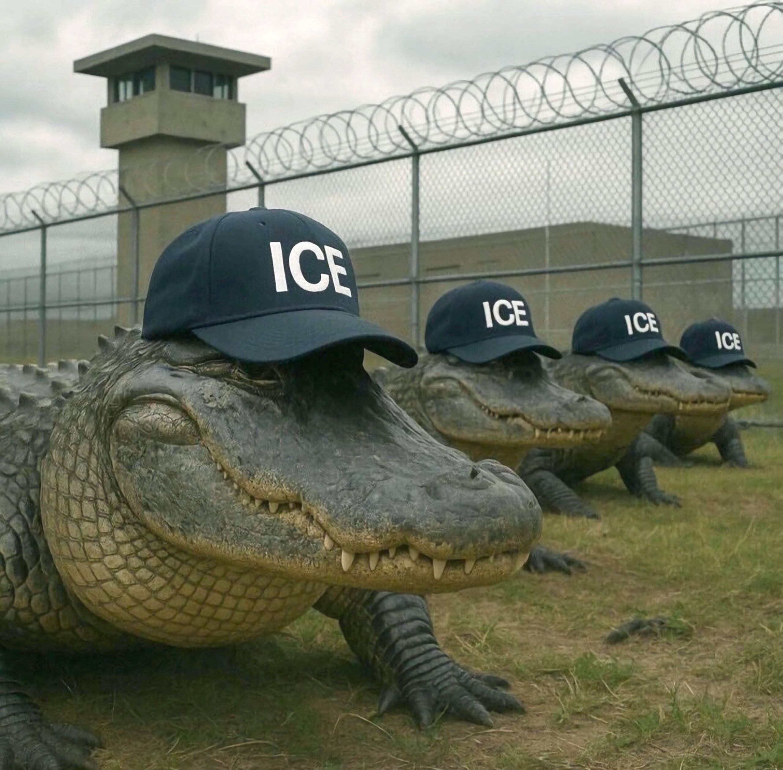 Fotografía publicada por el Departamento de Seguridad Nacional de Estados Unidos en su cuenta oficial en la red social X de caimanes con gorras del Servicio de Inmigración y Control de Aduanas (ICE) frente a un centro de detención.