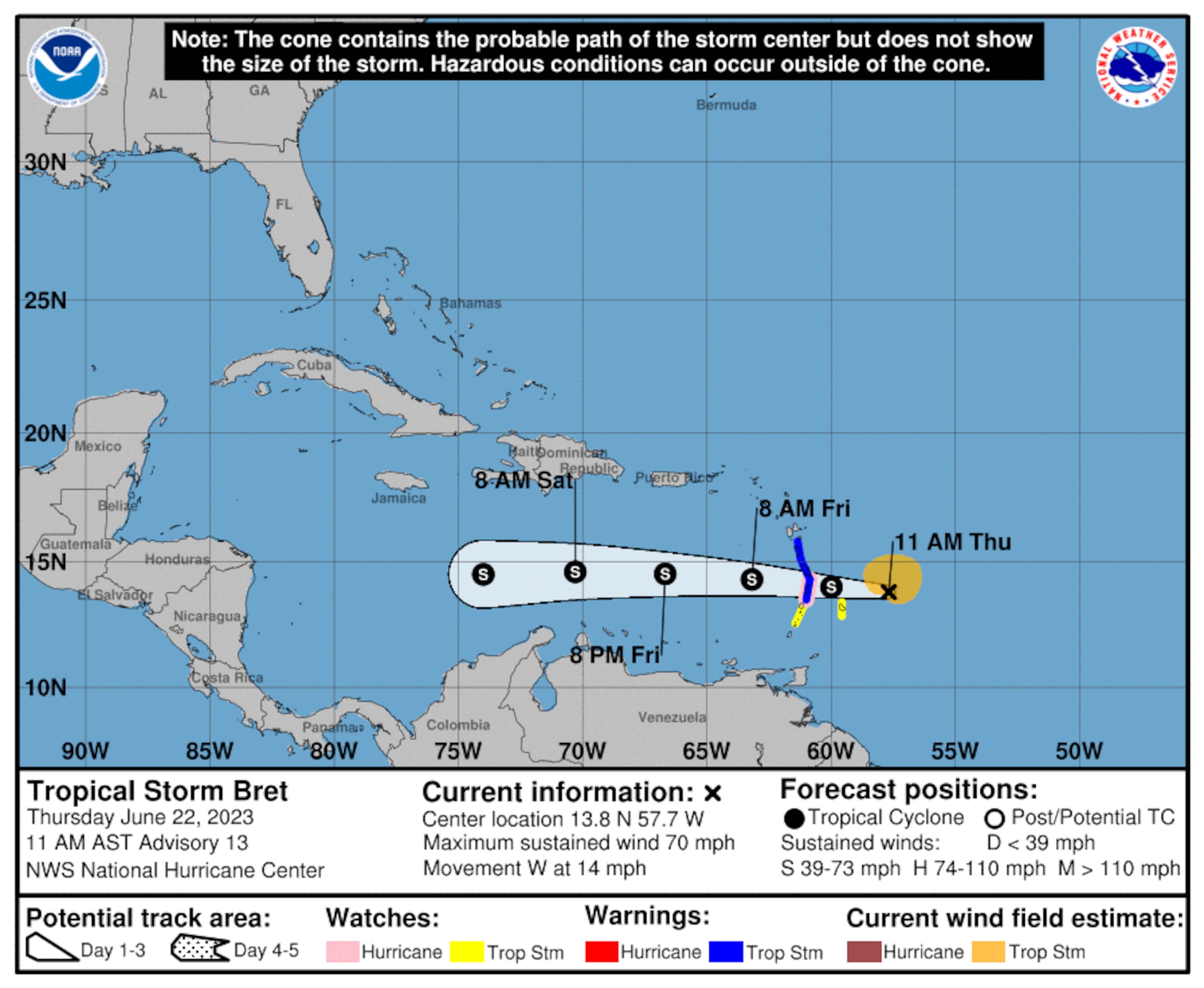 Se espera que el sistema siga su movimiento al oeste, pase sobre las Antillas Menores y se debilite en aguas del mar Caribe.