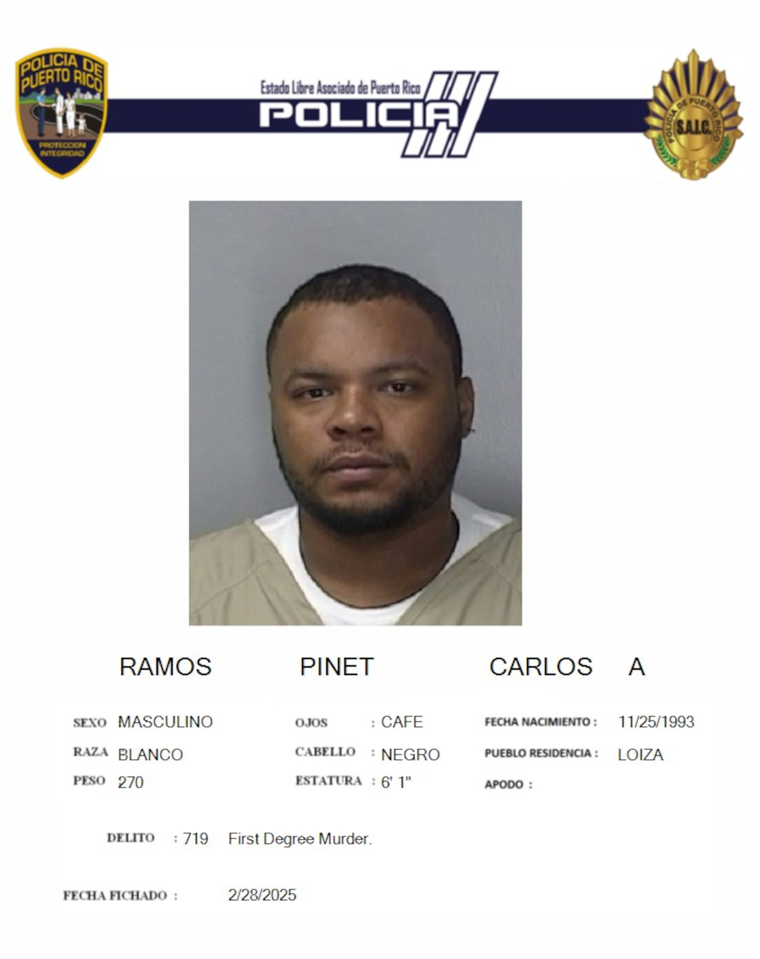 Carlos A. Ramos Pinet, enfrenta cargos por el asesinato del novio de su expareja, en Loíza.