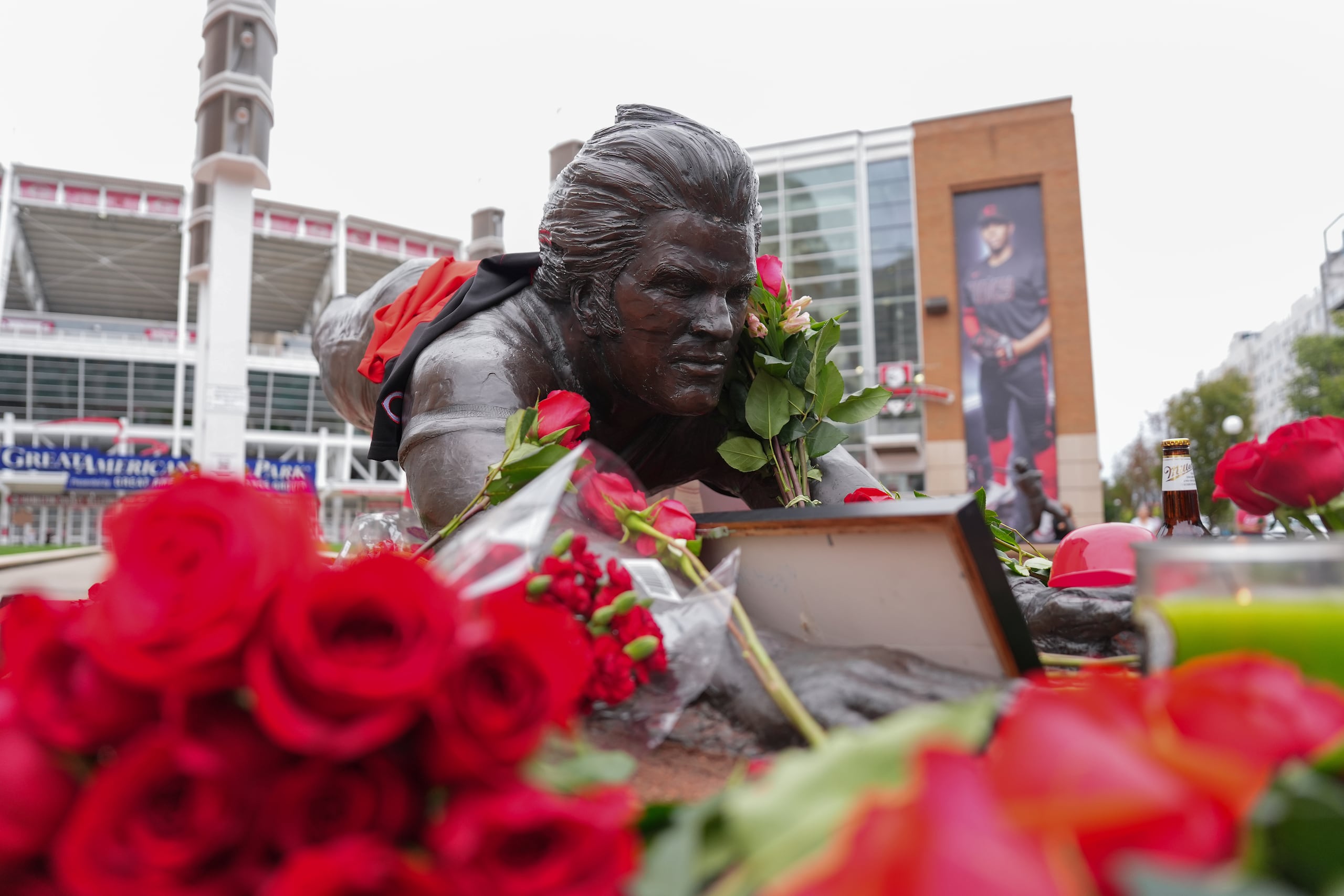 Pete Rose jugó la mayor parte de su carrera con los Reds de su ciudad natal de Cincinnati. Allí hay una estatua en su honor, frente a la cual fanáticos han llevado flores y rendido méritos
