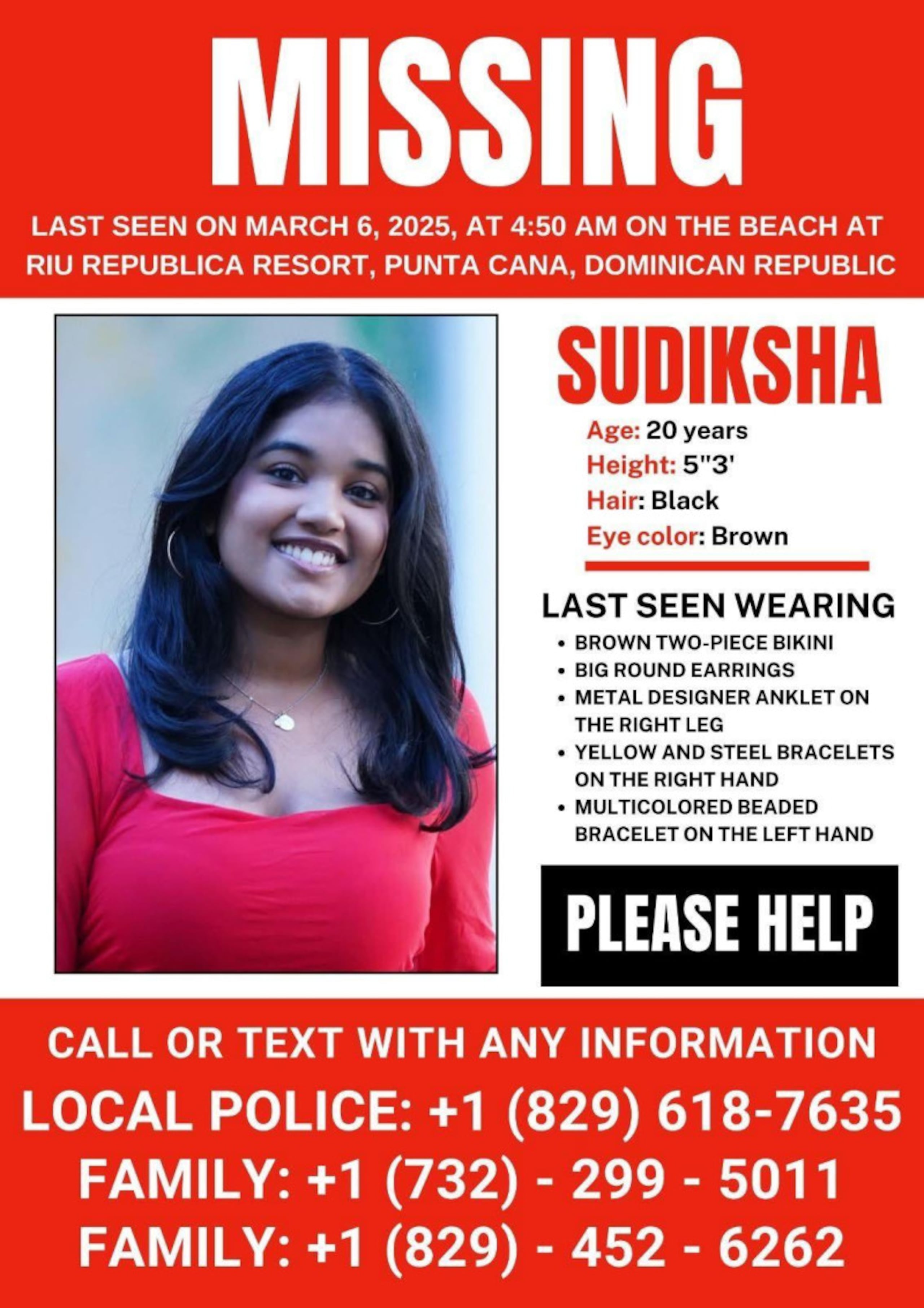La Policía en República Dominicana busca dar con el paradero de Sudiksha Konanki.