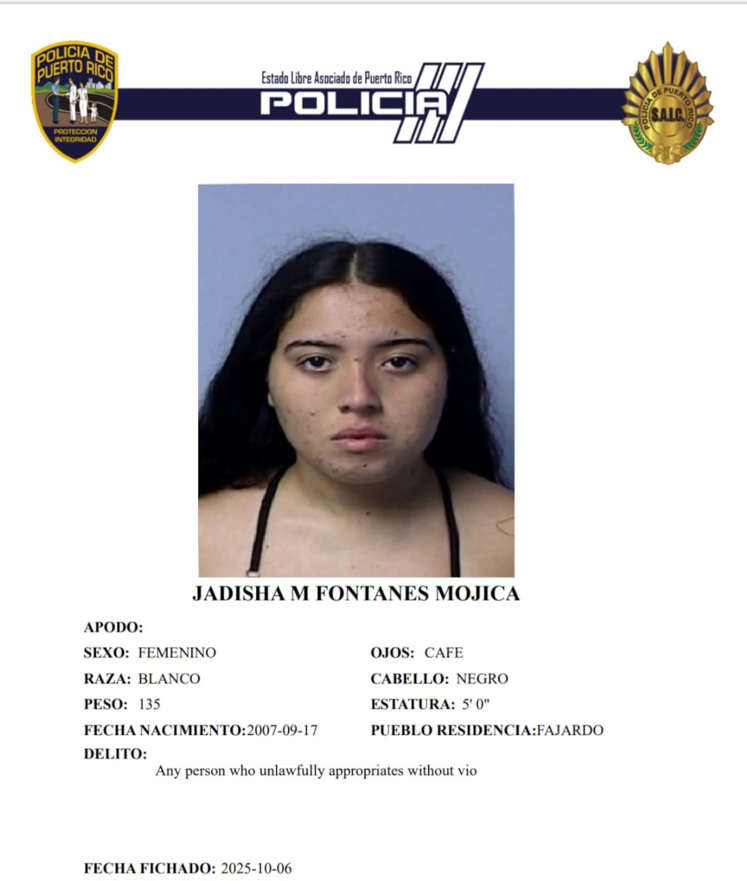 Jadisha M. Fontánez Mojica de 18 años, fue arrestada por la posesión de un vehículo hurtado en una gasolinera.