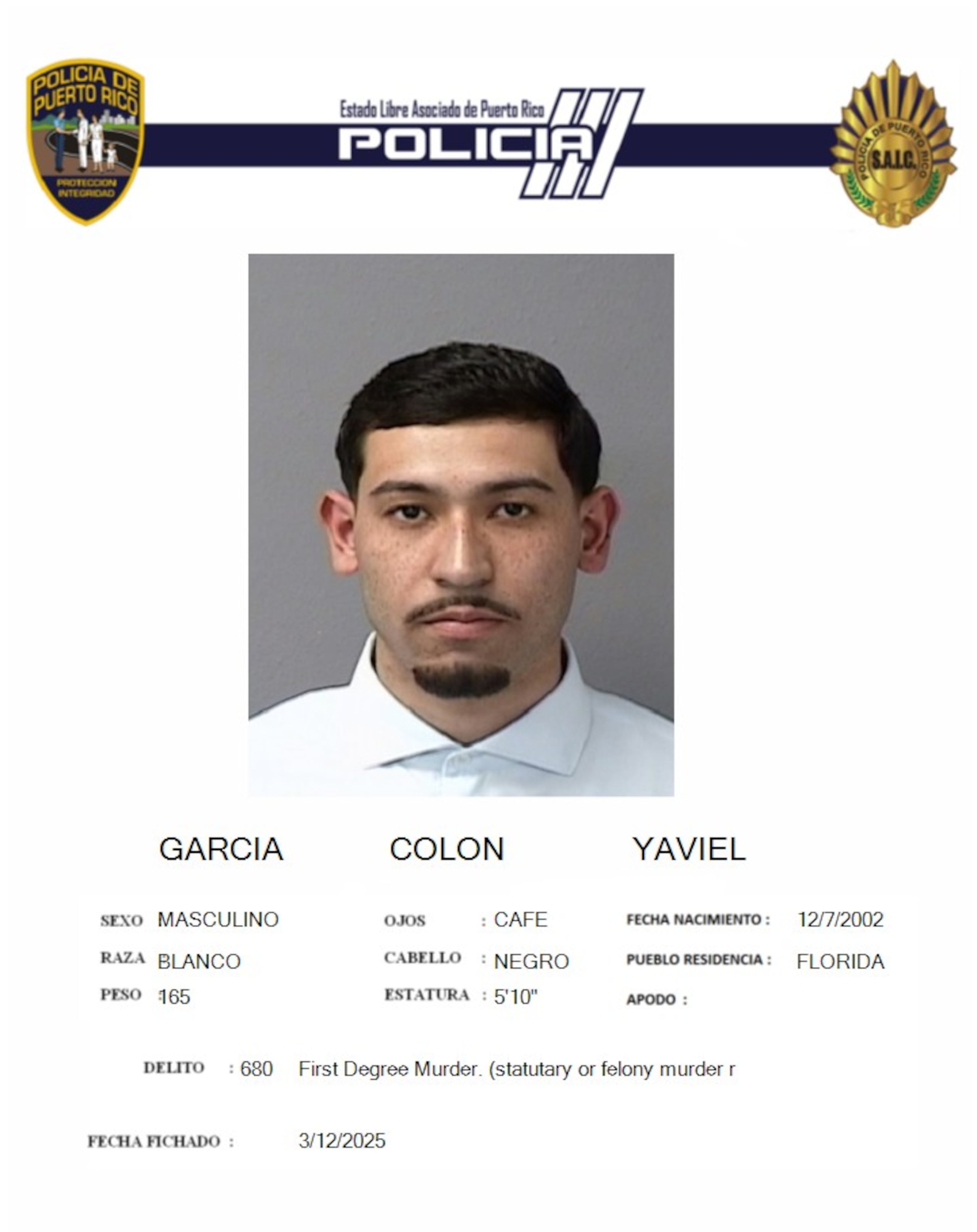 Yaviel García Colón, fue acusado por asesinato en primer grado, "carjacking" y violación a la Ley de Armas.