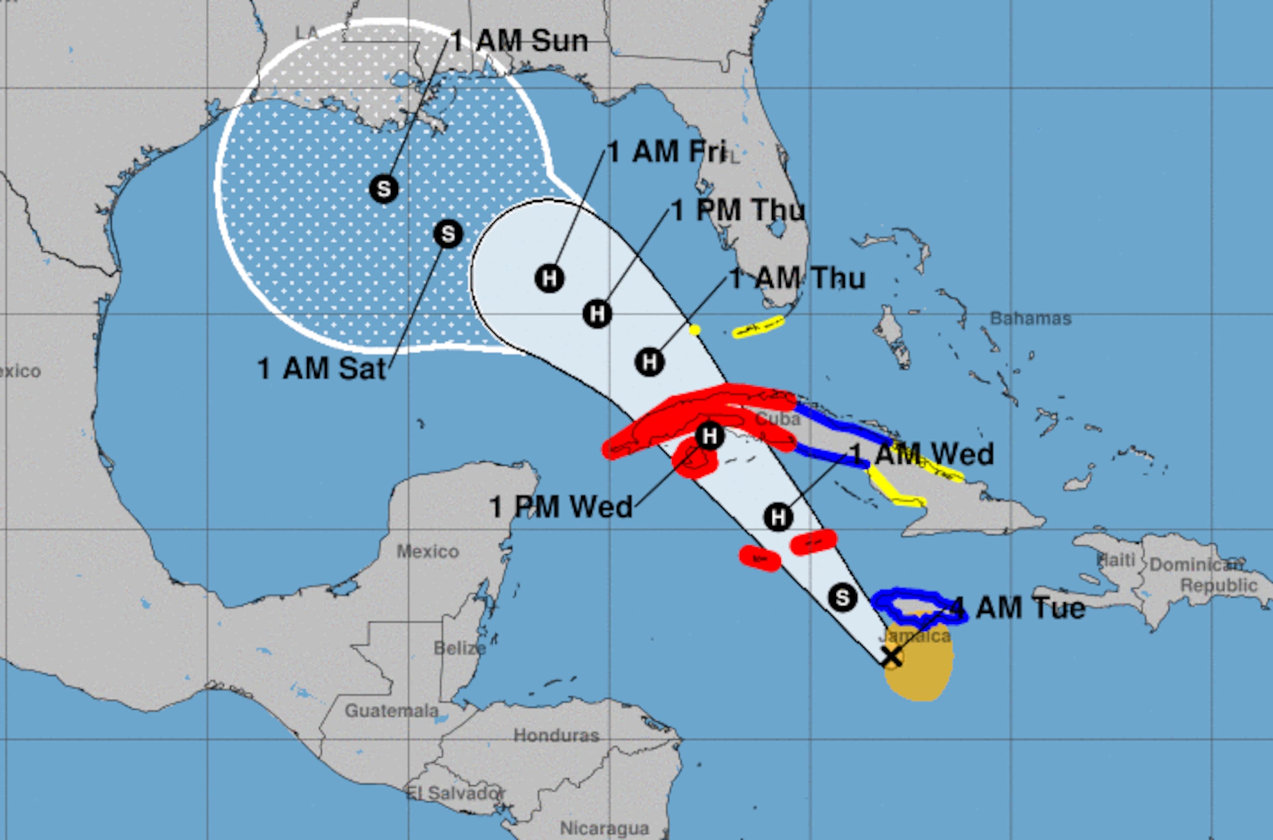 Pronóstico de la tormenta tropical Rafael emitido por el Centro Nacional de Huracanes de 2024 el 5 de noviembre de 2024.