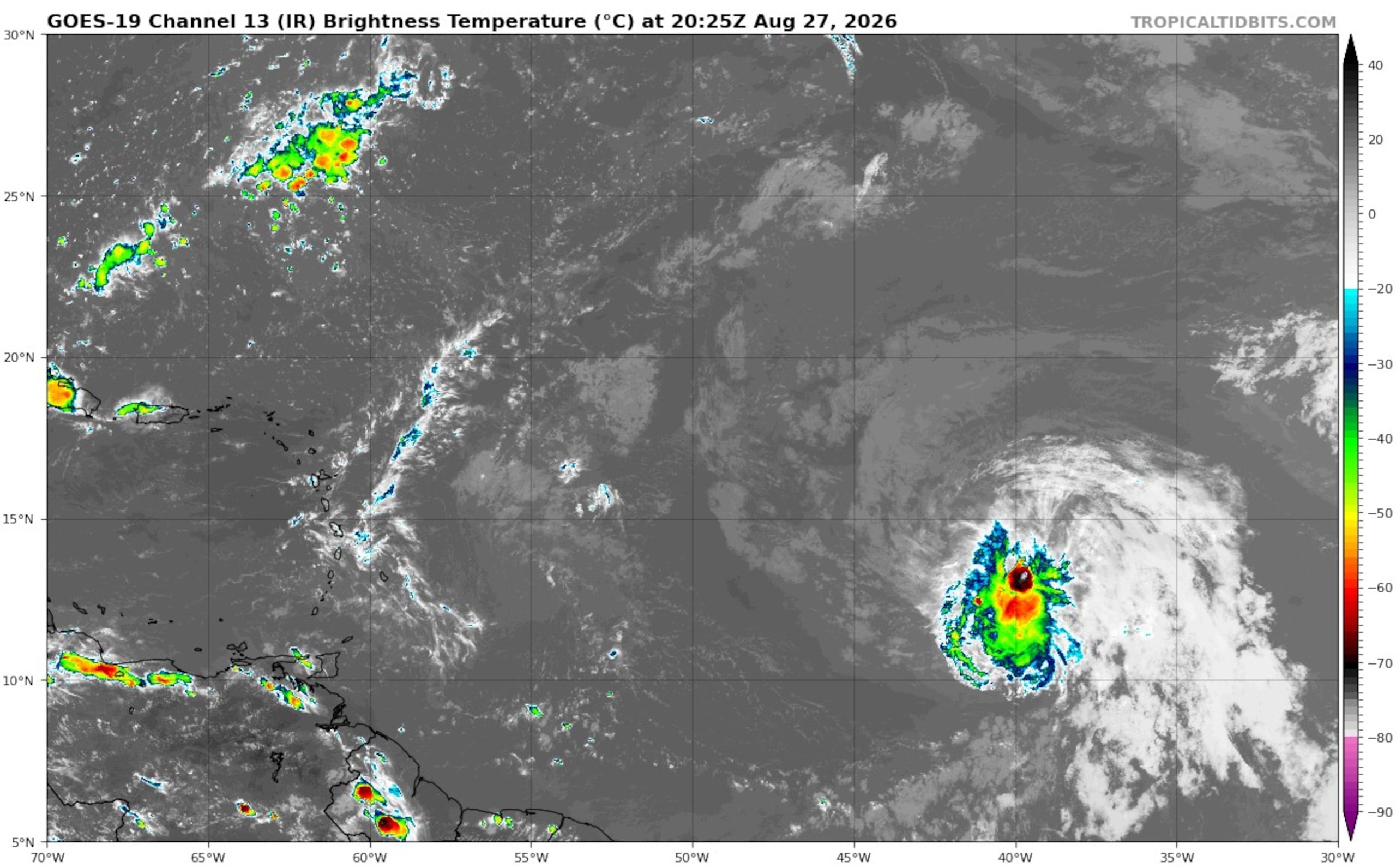 La tormenta tropical Dolly en el Atlántico a las 4:30 p.m. del 27 de agosto. (NOAA)
