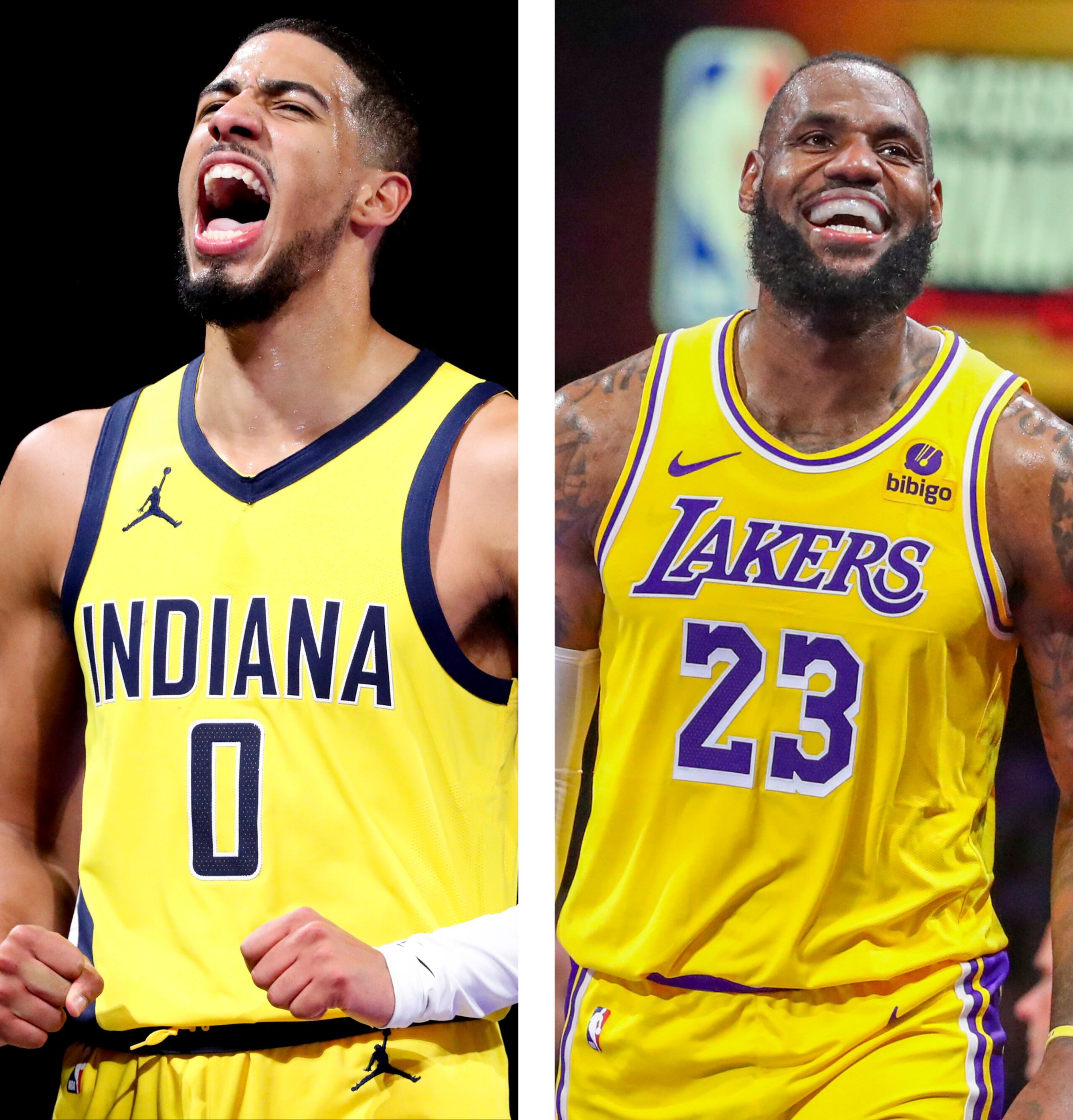Tyrese Haliburton, de los Pacers de Indiana, y Lebron James, de los Lakers de Los Ángeles.
