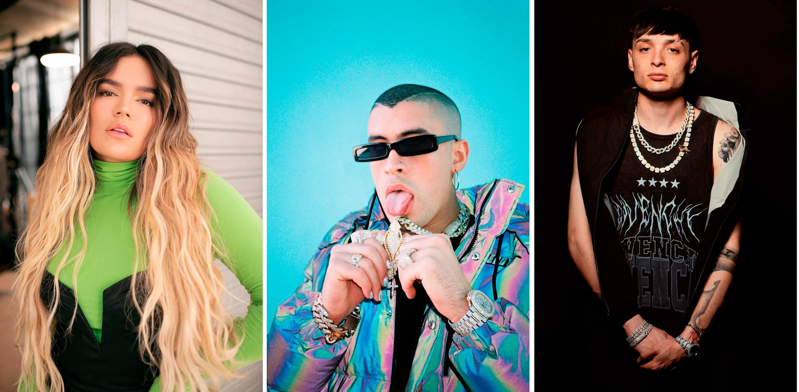 La cantante colombiana Karol G, el puertorriqueño Bad Bunny y el mexicano Peso Pluma.