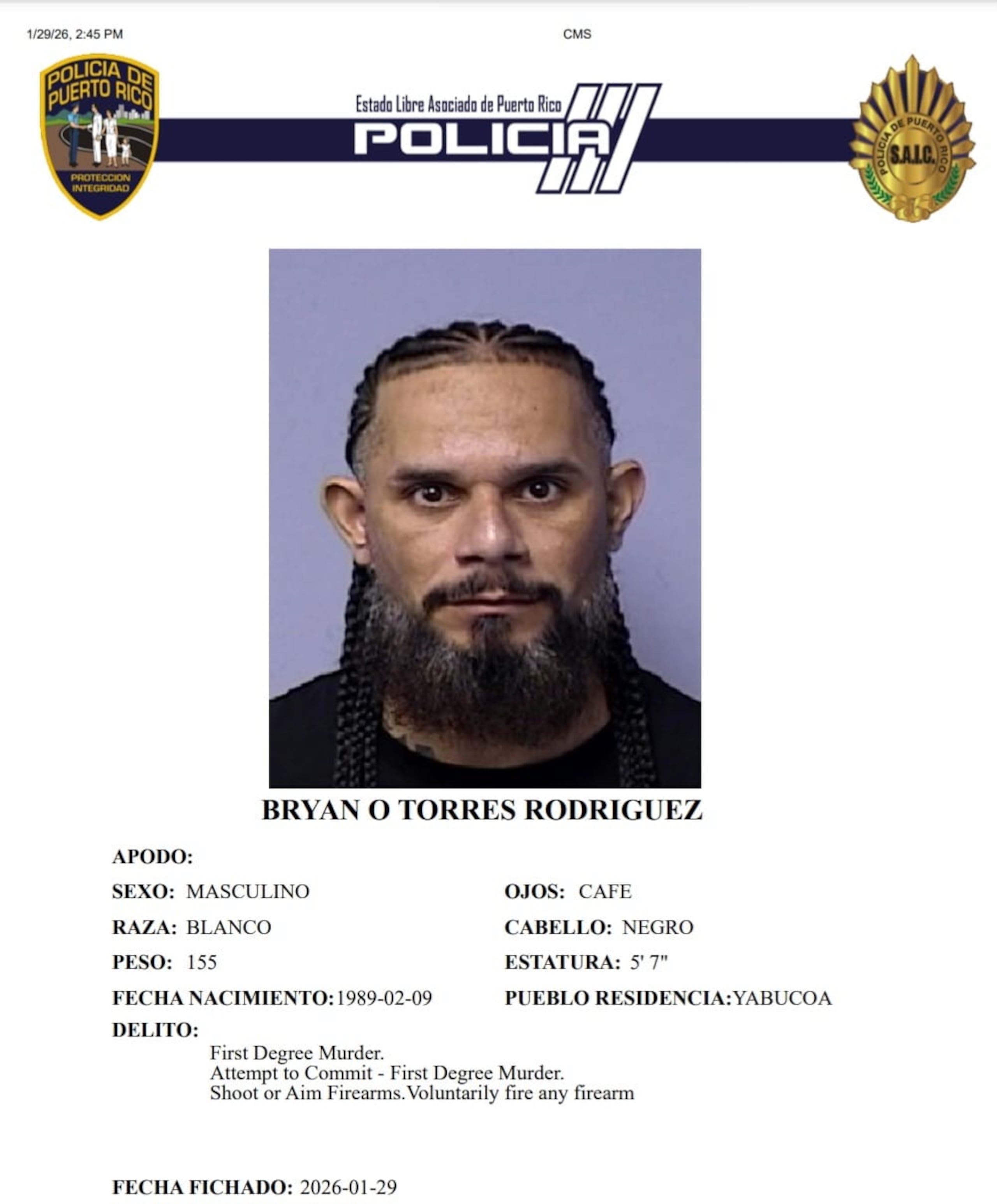 Bryan O. Torres Rodríguez, enfrenta cargos por asesinato en primer grado, tentativa de asesinato y violación a la Ley de Armas.