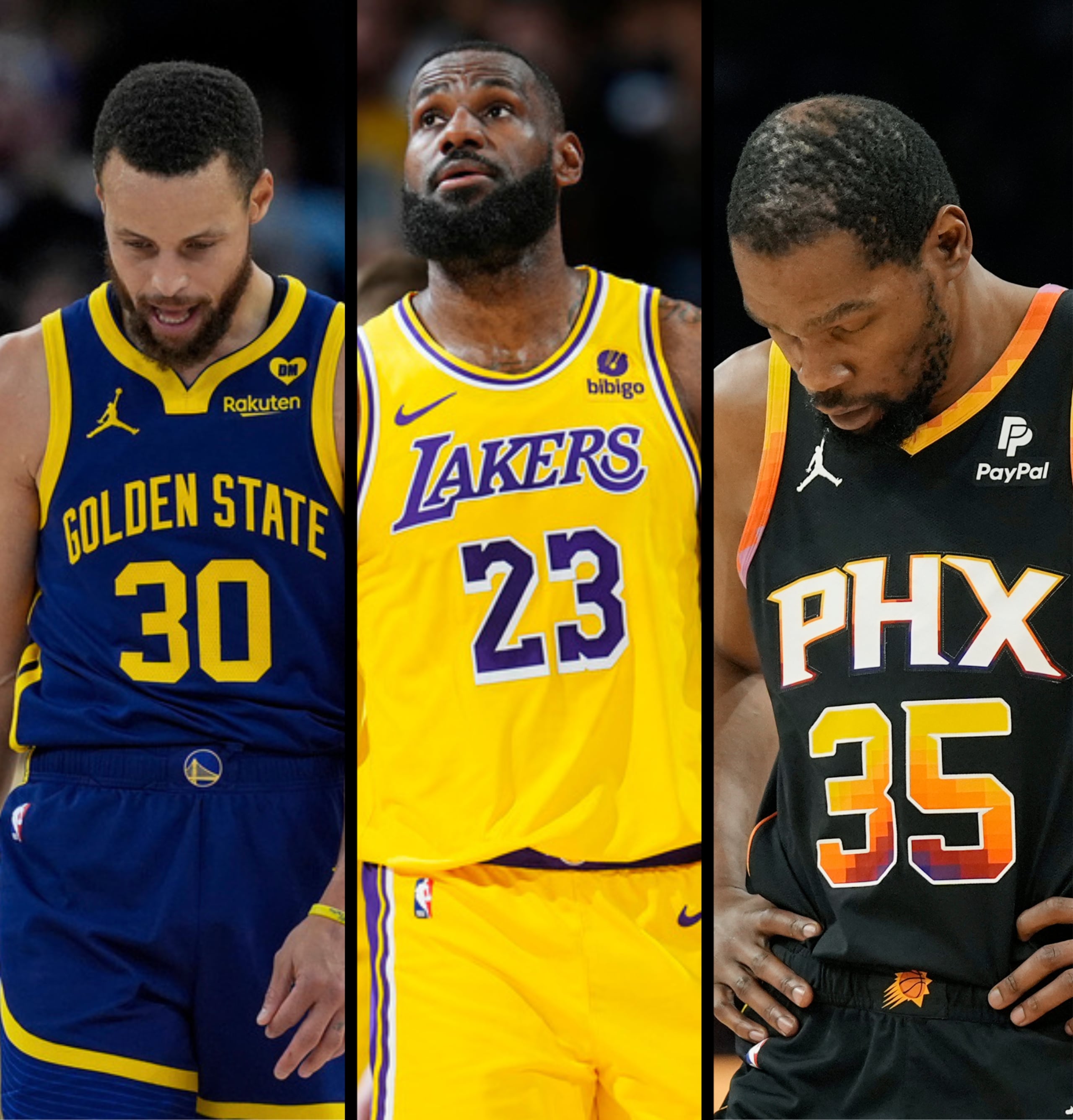 De izquierda a derecha: Stephen Curry, LeBron James y Kevin Durant.
