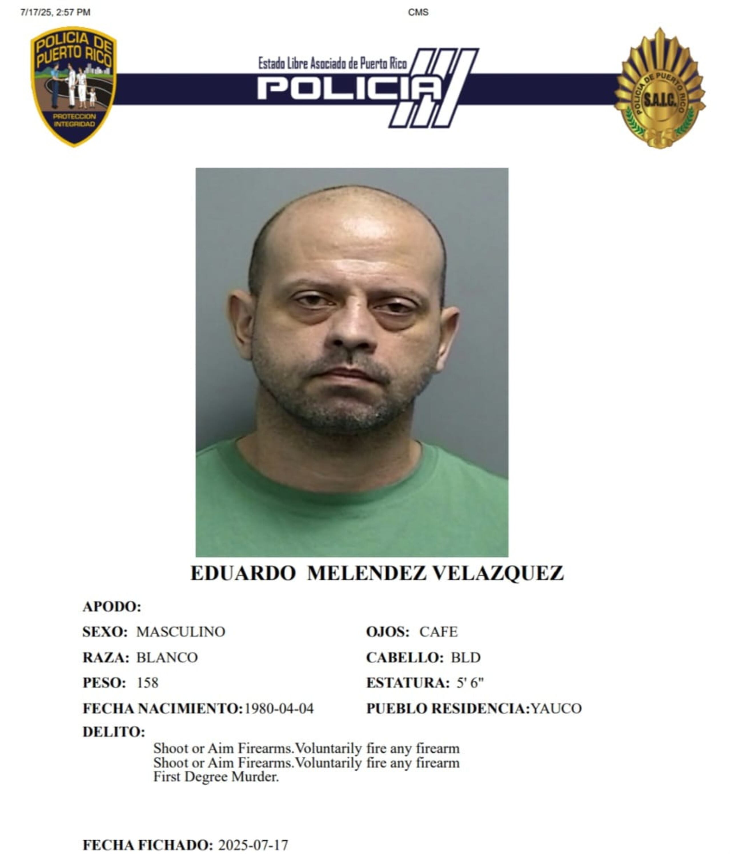 Eduardo Meléndez Velázquez, enfrenta cargos por asesinato, tentativa de asesinato, escalamiento y violación a la Ley de Armas.