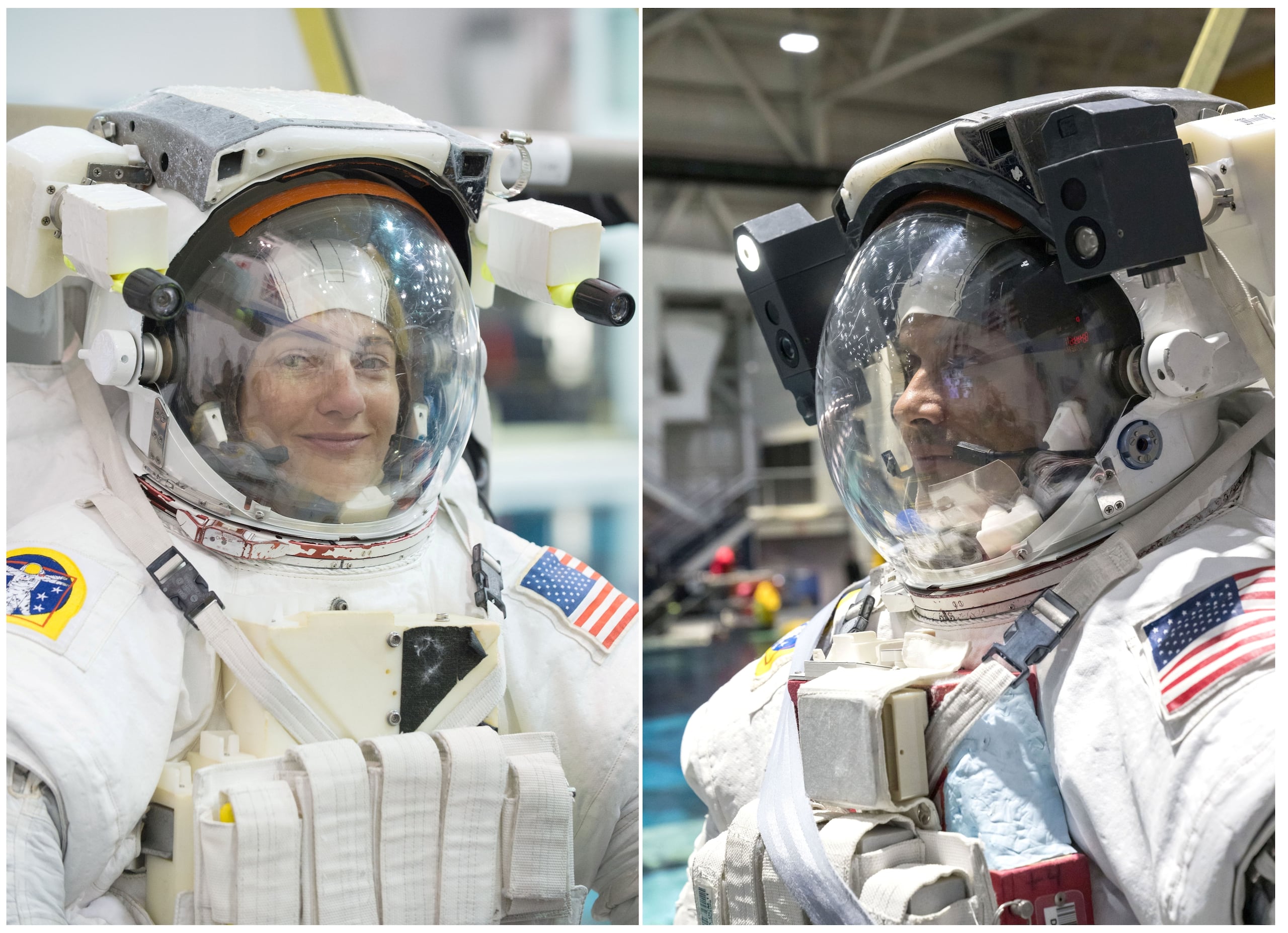 Los astronautas Jessica Meir y Anil Menon entrenando para una caminata espacial en el Laboratorio de Flotabilidad Neutra del Centro Espacial Johnson, en Houston, Texas. (EFE/James Blair/NASA)