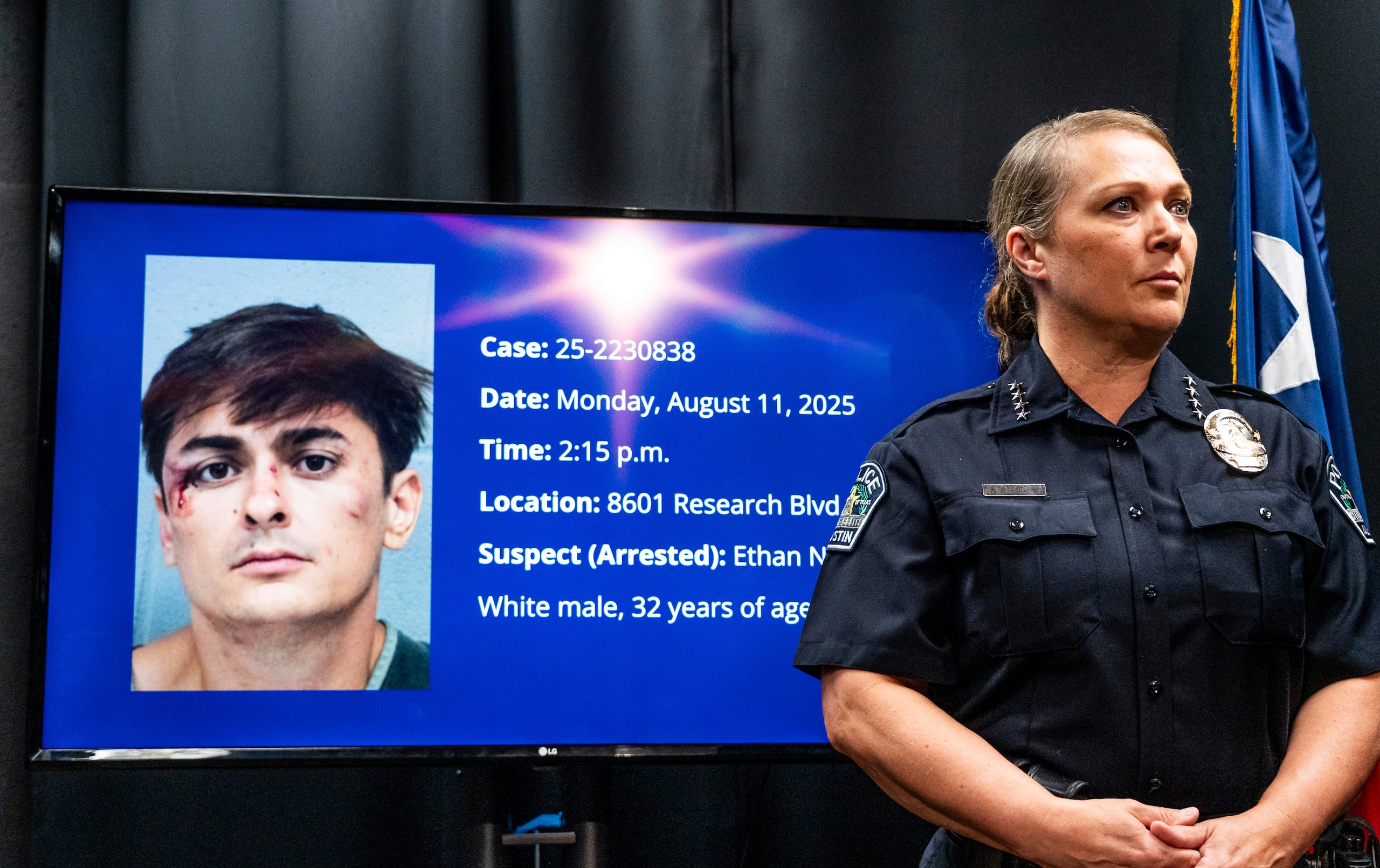 La policía de Austin ofrece una conferencia de prensa en la sede del Departamento de Policía (APD) sobre el tiroteo mortal ocurrido el lunes en un Target, el martes 12 de agosto de 2025, en Austin, Texas.