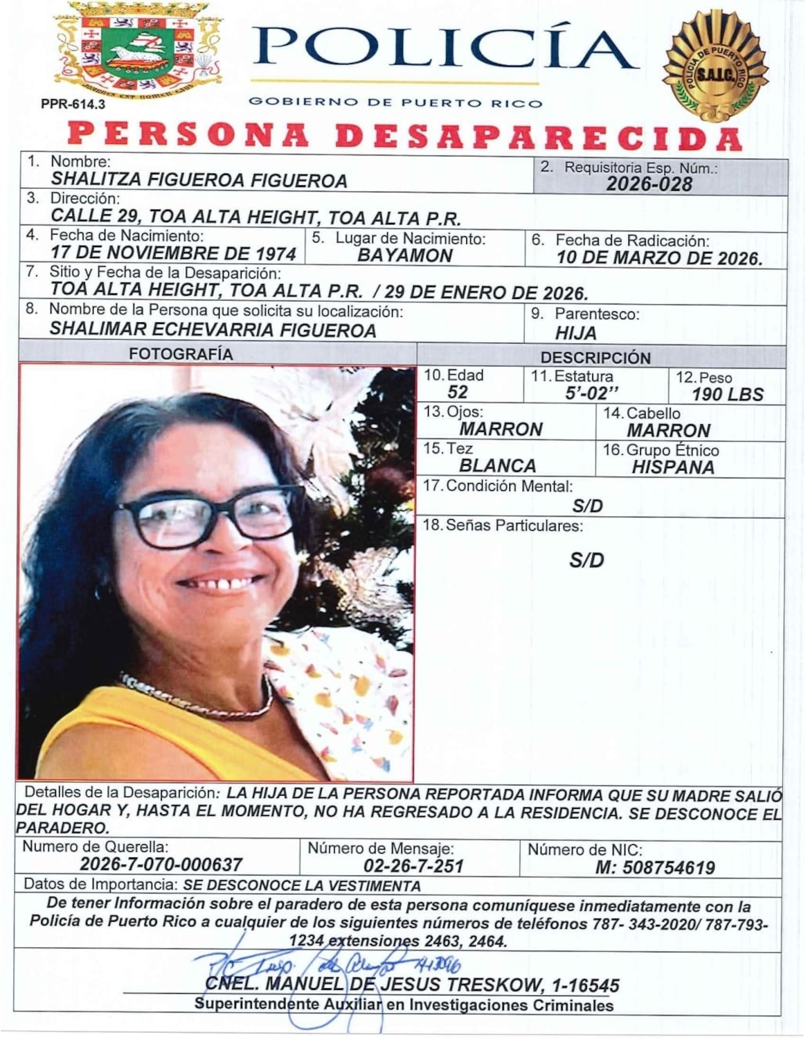 Shalitza Figueroa Figueroa, de 52 años, se encuentra desaparecida desde el 29 de enero, de la urbanización Toa Alta Heights.