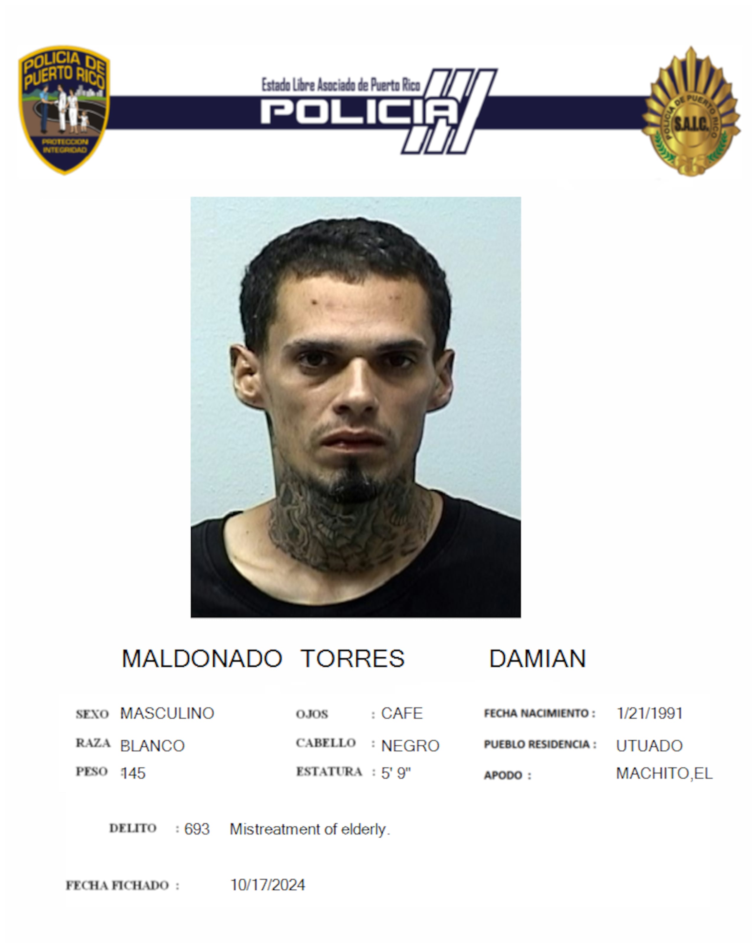 Damián Maldonado Torres, está acusado por maltrato de ancianos y escalamiento agravado.