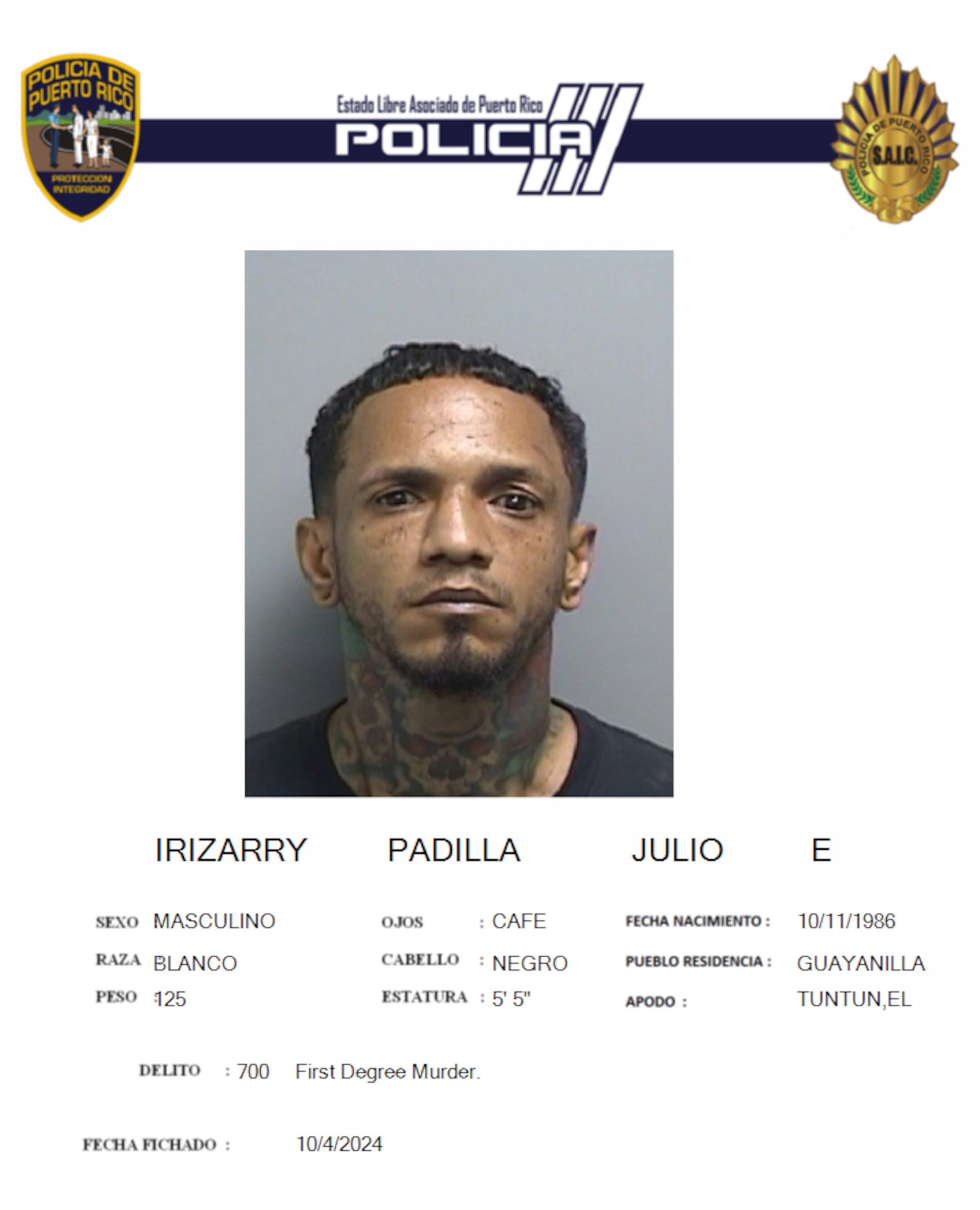 Ficha de Julio Enrique Irizarry Padilla, de 37 años y residente de Guayanilla.