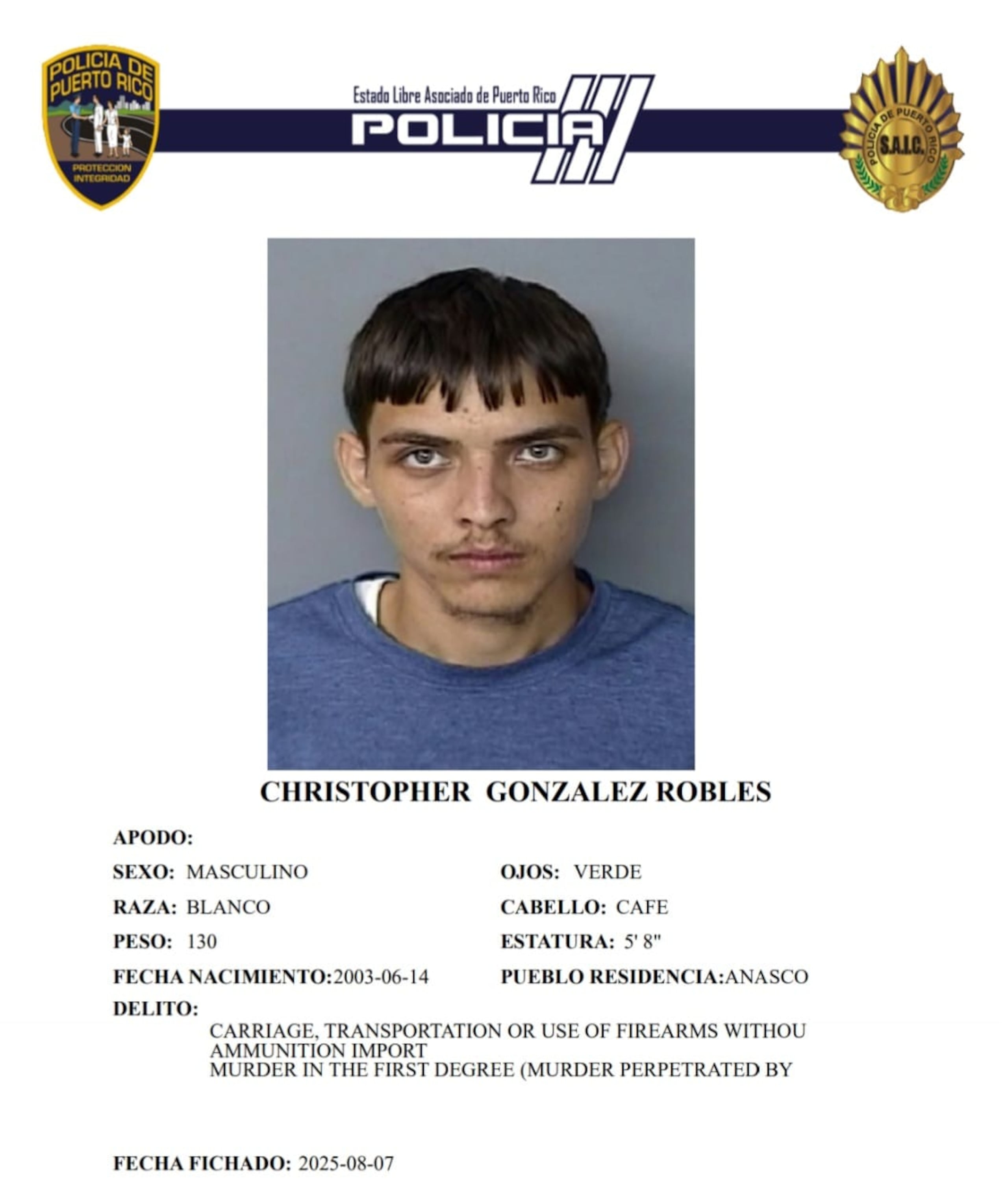 Christopher González Robles, enfrenta cargos por asesinato en modalidad de cooperador y violación a la Ley de Armas en común y mutuo acuerdo.